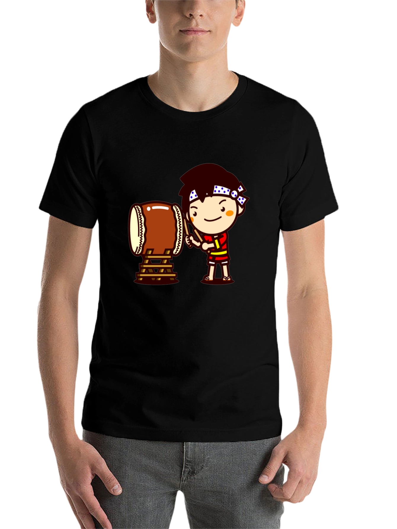 Black Black T-Shirt with Drummer Cartoon Graphic view 7