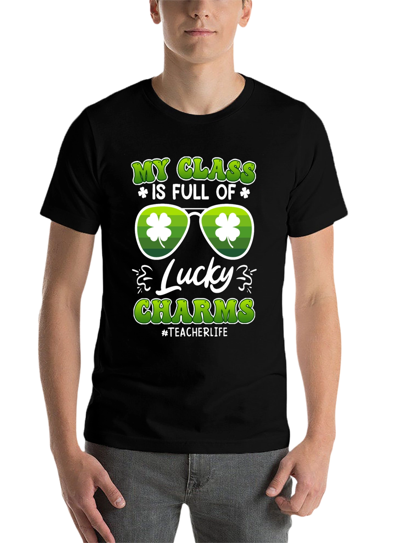 Black St. Patrick's Day Teacher T-Shirt Lucky Charms view 7