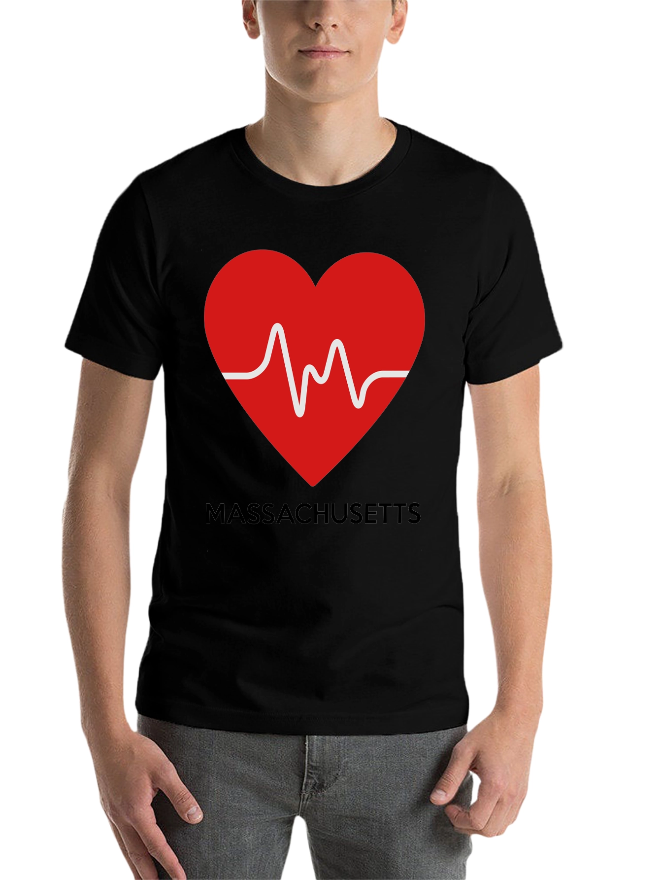 Black Massachusetts Love Heartbeat Black T-Shirt view 7