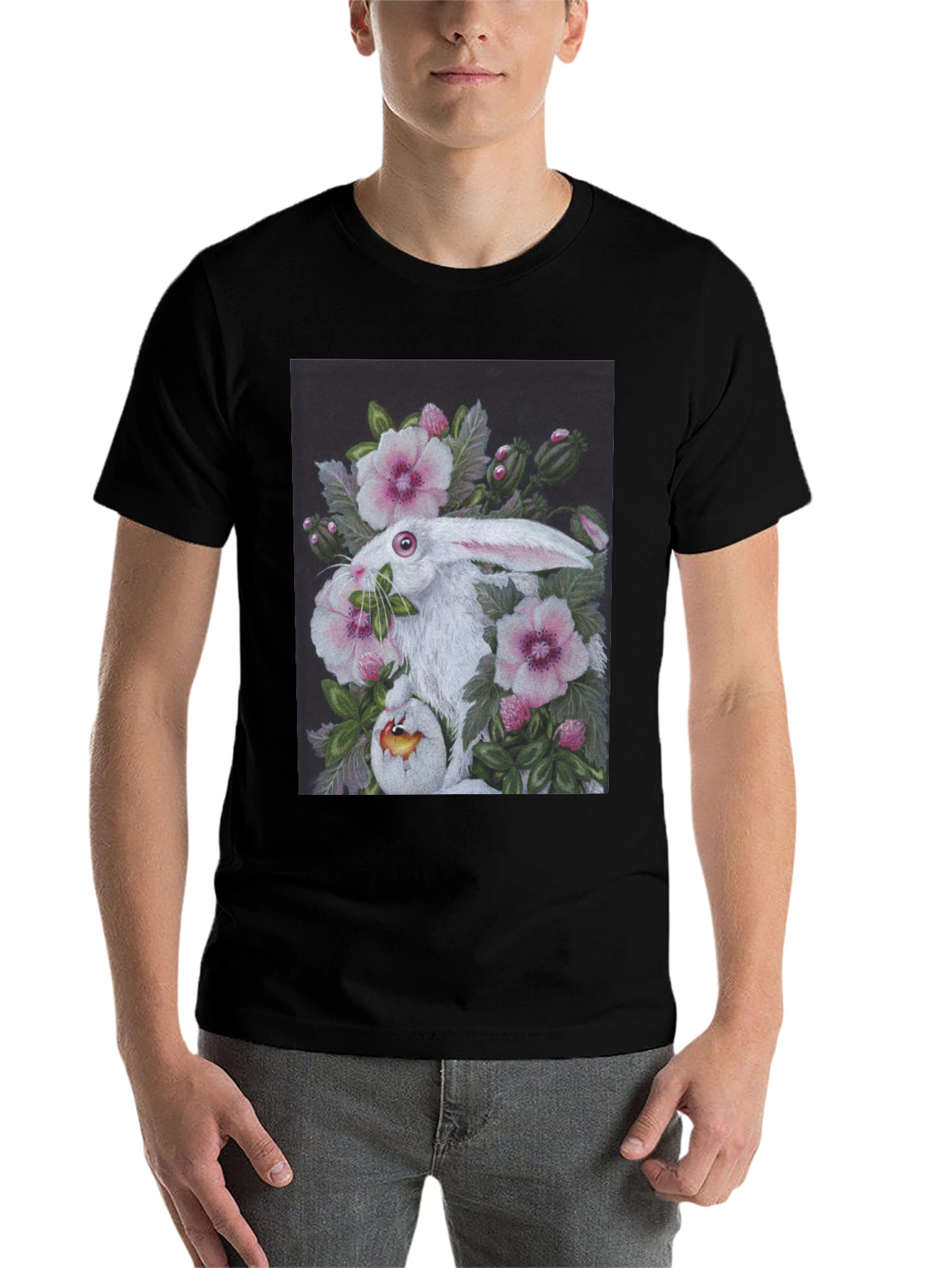 Black Floral Rabbit T-Shirt - Unique Easter Design view 7