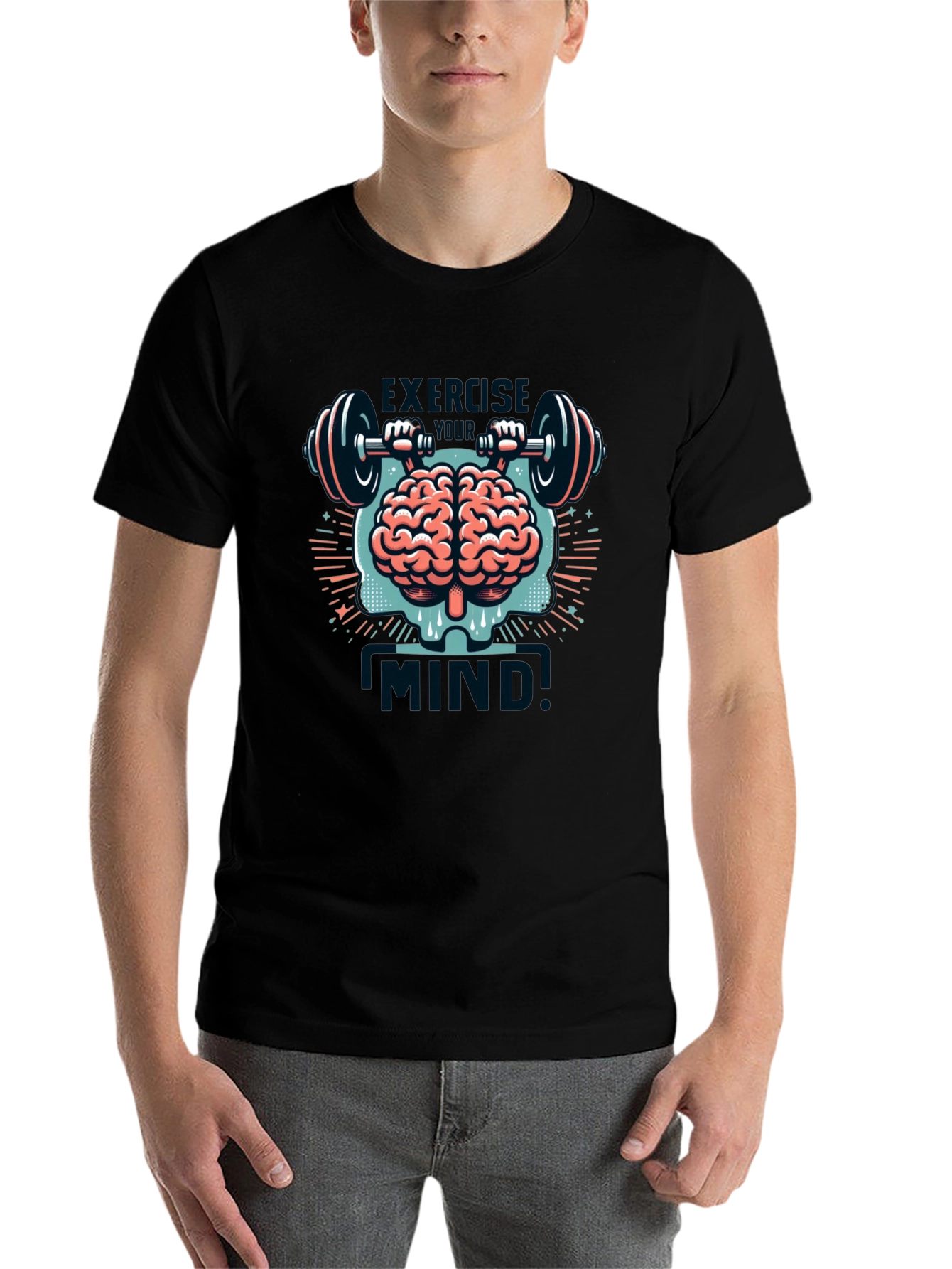 Black Exercise Mind T-Shirt - Brain & Barbell Design view 7