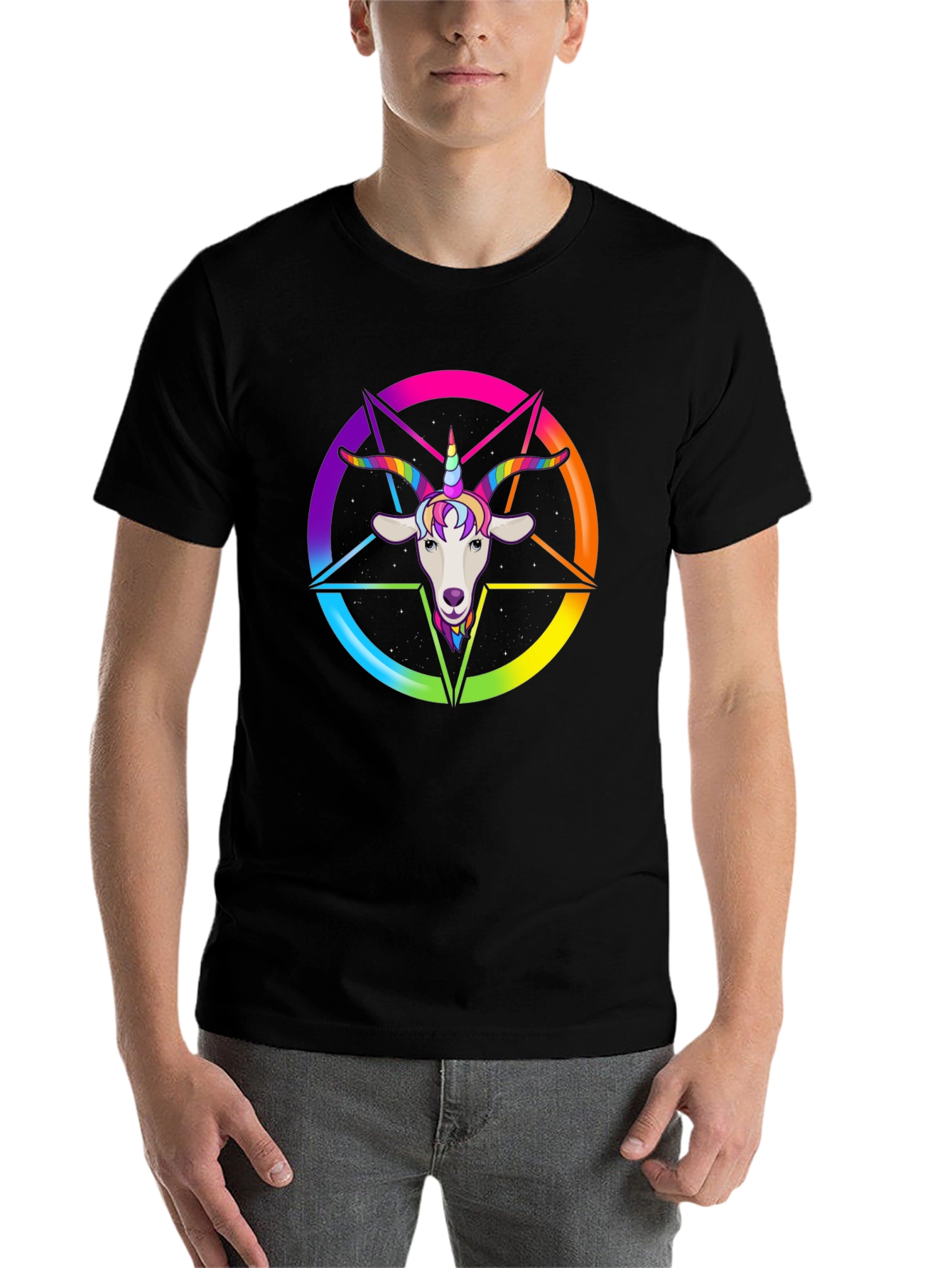 Black Rainbow Goat Unicorn Graphic Tee - Men's Black T-Shirt view 7