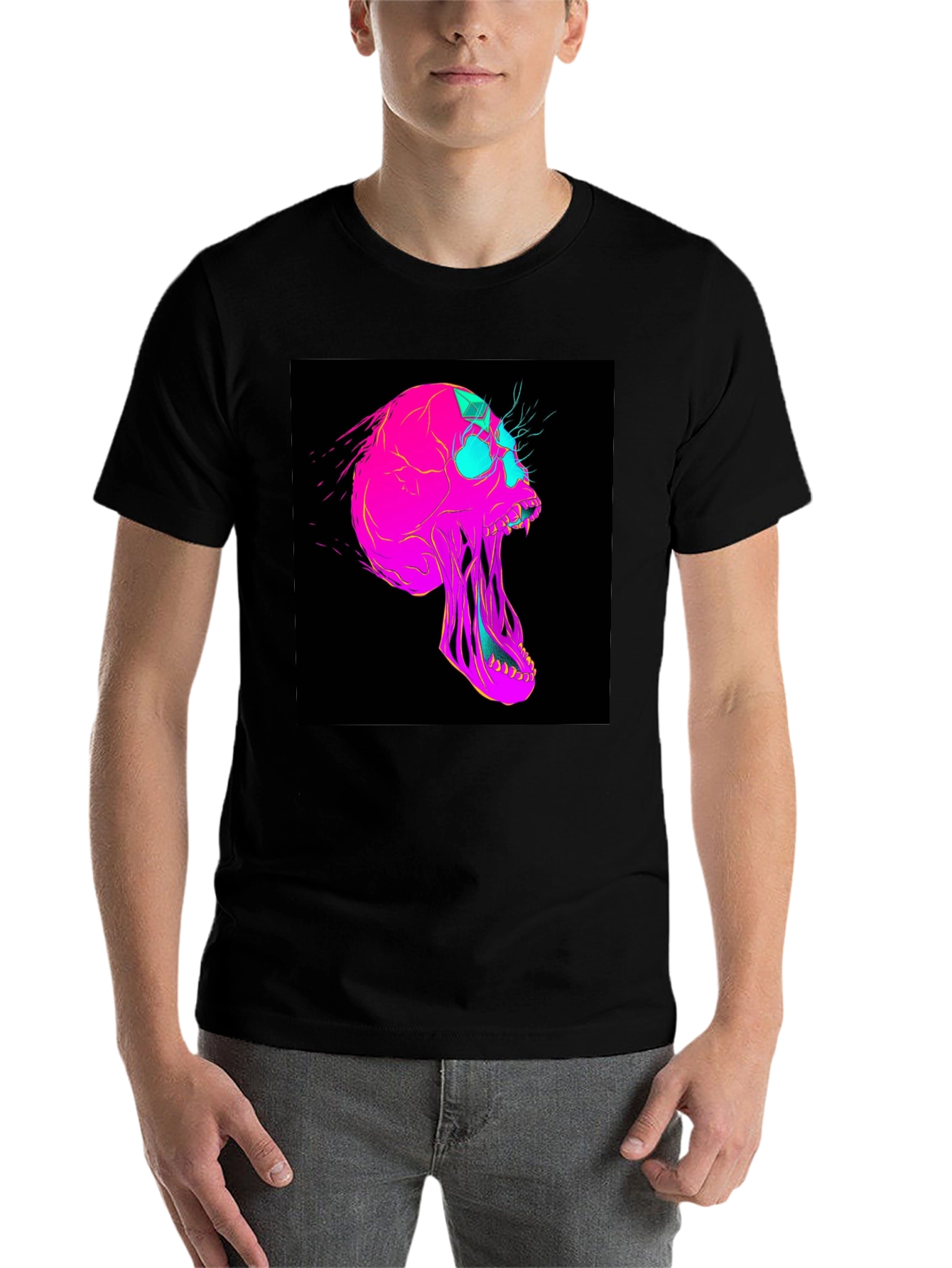 Black Vaporwave Skull Graphic Tee - Black Cotton T-Shirt view 7