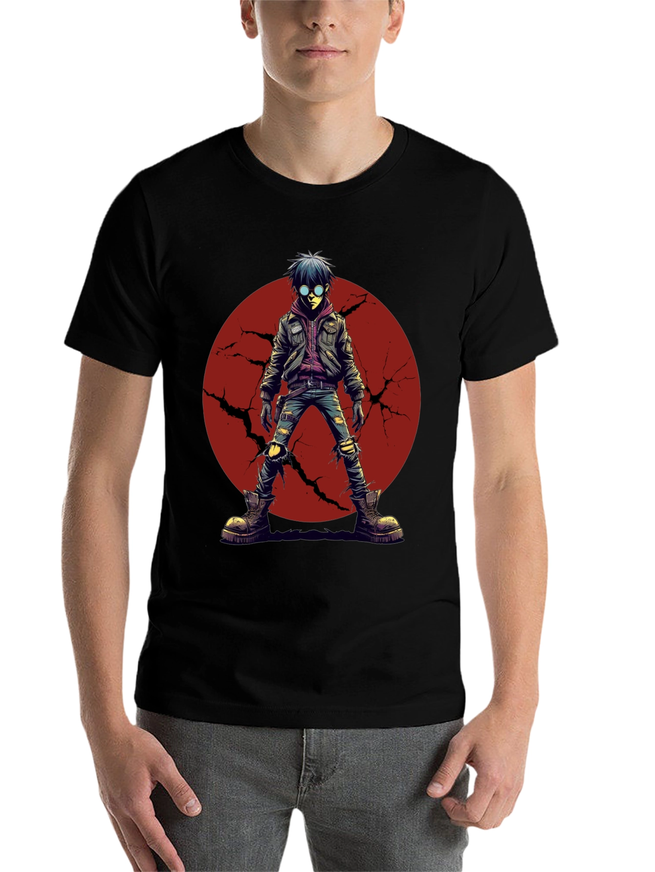 Black Graphic Tee: Anime Punk Character on Black Shirt view 7