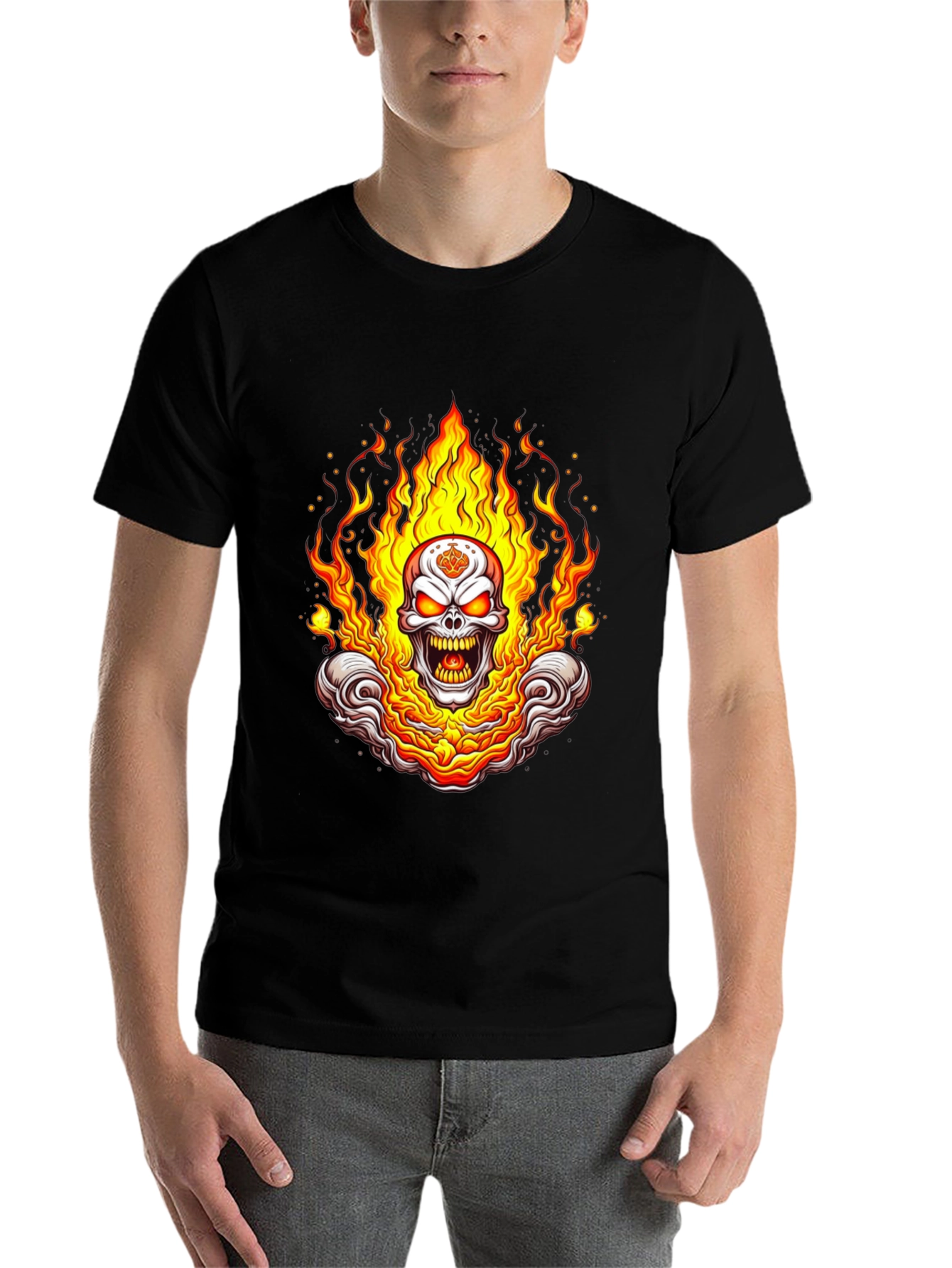 Black Flaming Skull Graphic Tee - Bold Black Cotton Shirt view 7
