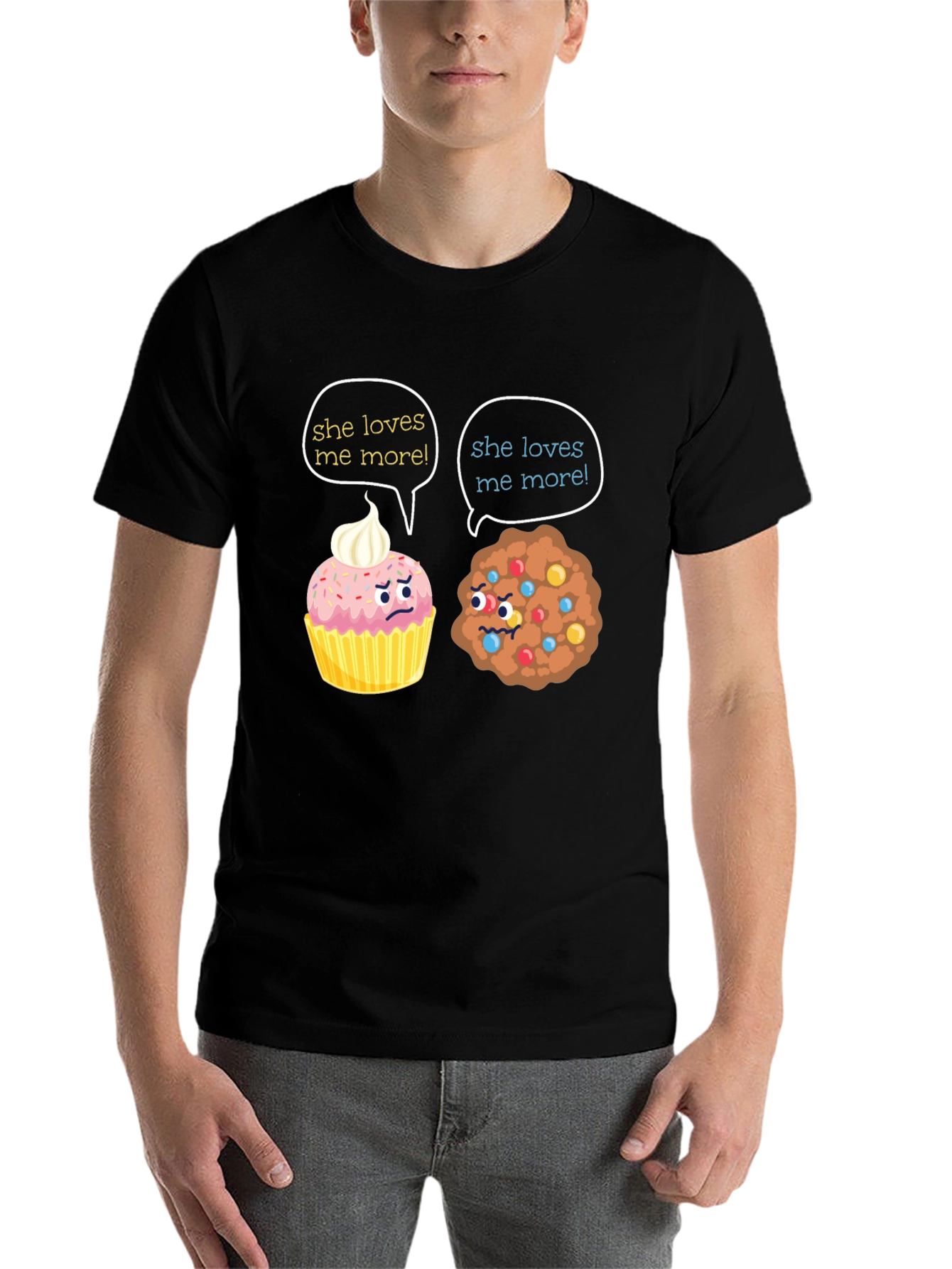Black Funny She Loves Me More Cupcake vs Cookie T-Shirt view 7