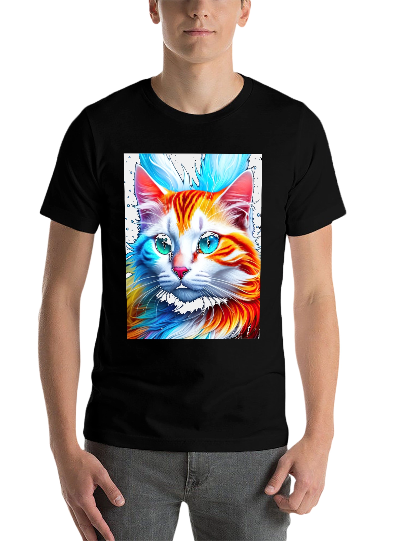 Black Vibrant Cat Graphic Tee - Stylish Men's Black T-Shirt view 7