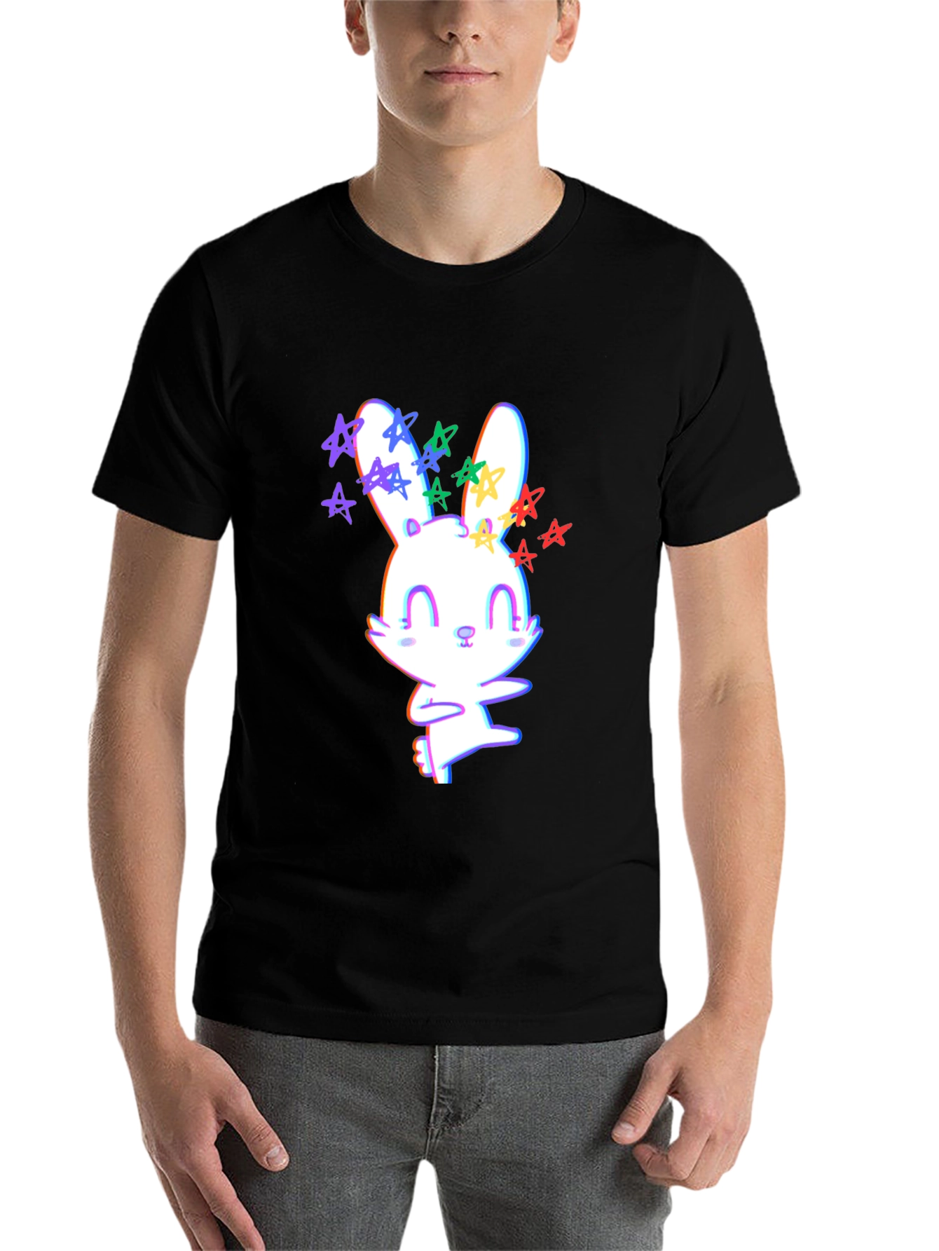 Black Cute Bunny with Stars Graphic T-Shirt view 7