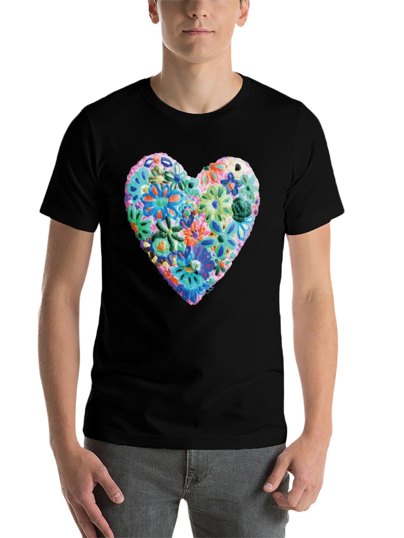 Black Floral Heart Graphic Print Crewneck T-Shirt view 7