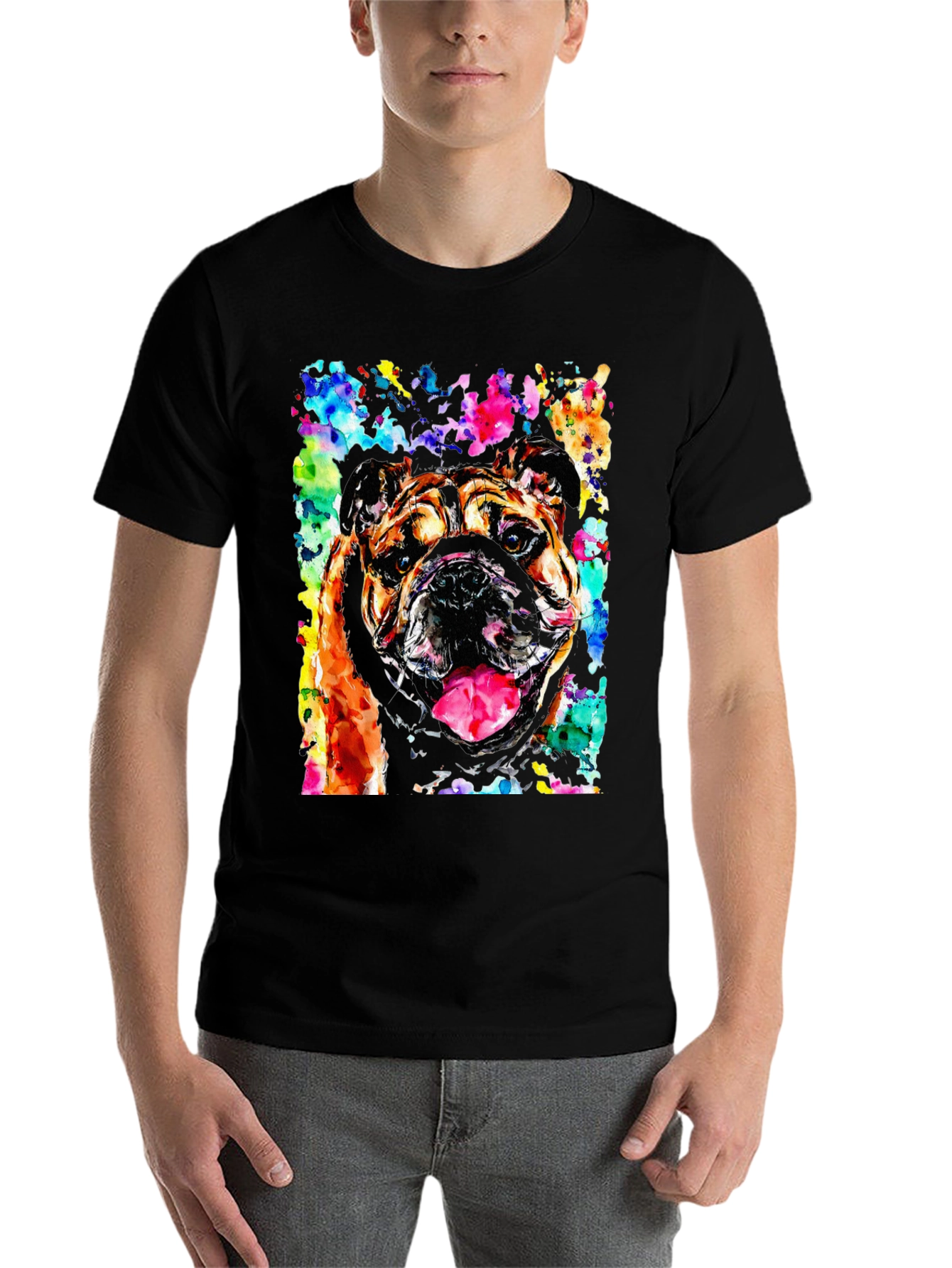 Black Bulldog Watercolor Men's Black T-Shirt view 7