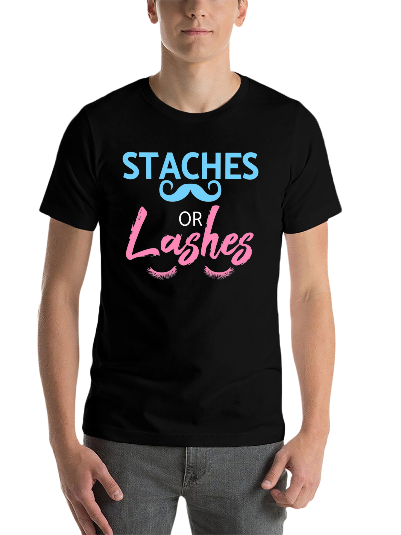 Black Staches or Lashes Gender Reveal T-Shirt view 7