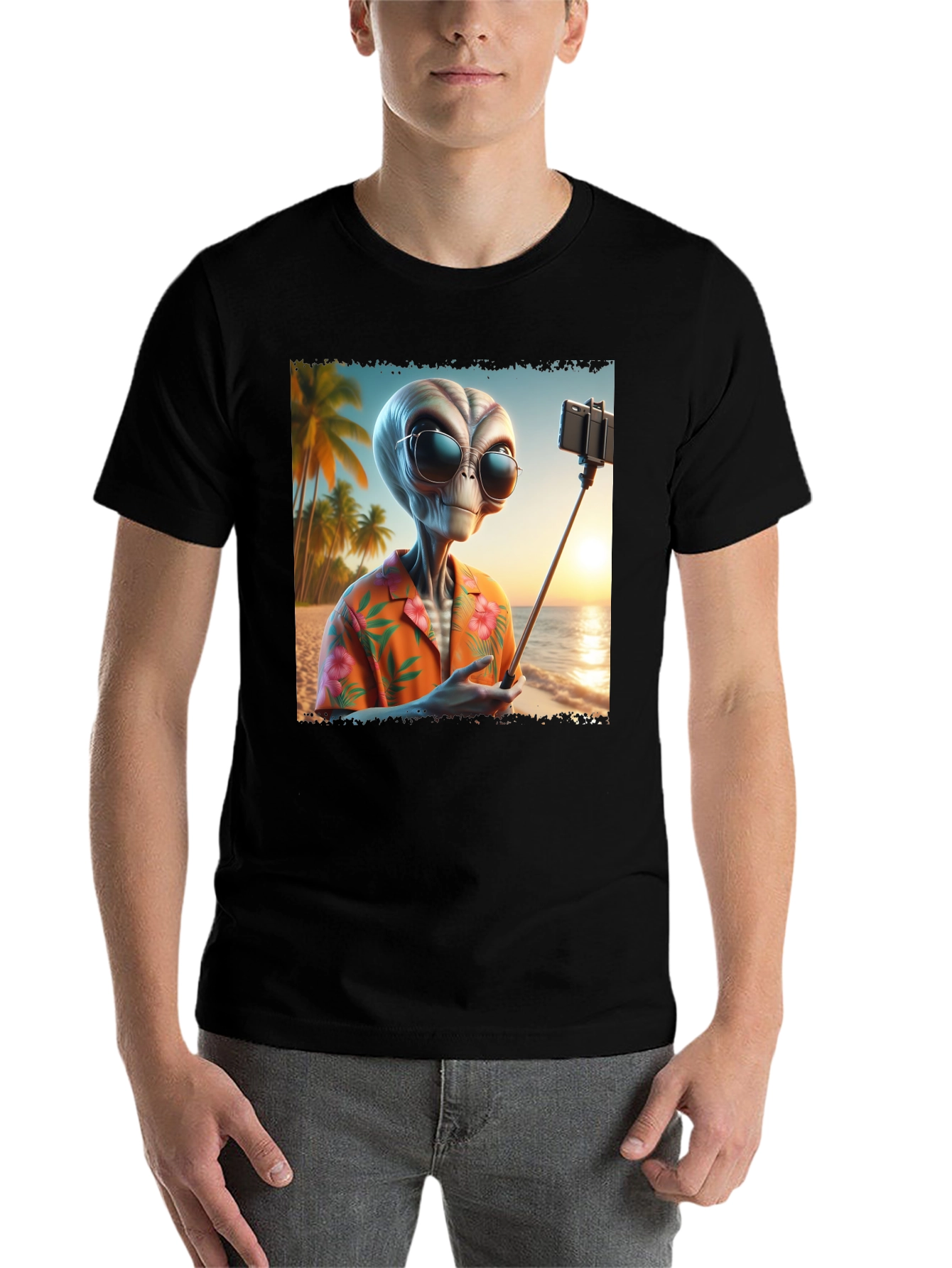 Black Alien Beach Selfie Graphic Tee - Black T-Shirt view 7