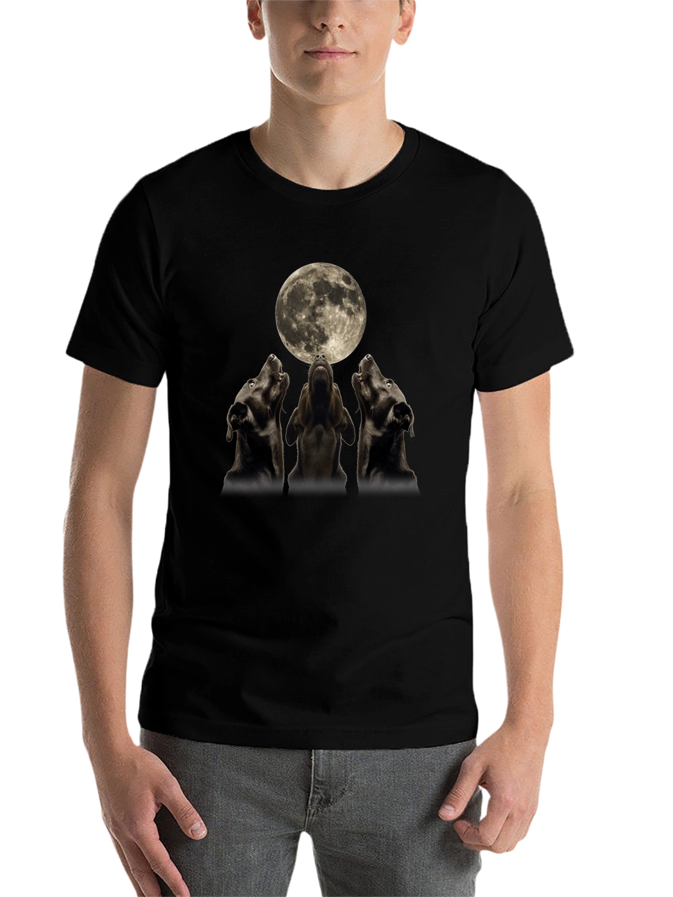 Black Three Dogs Howling at the Moon T-Shirt view 7