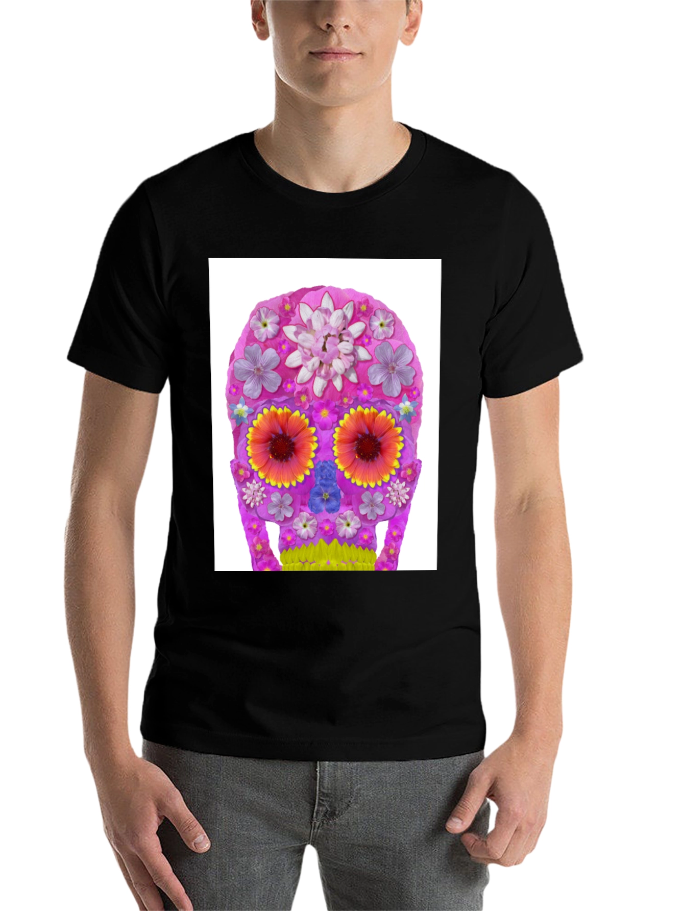 Black Floral Sugar Skull Graphic T-Shirt view 7
