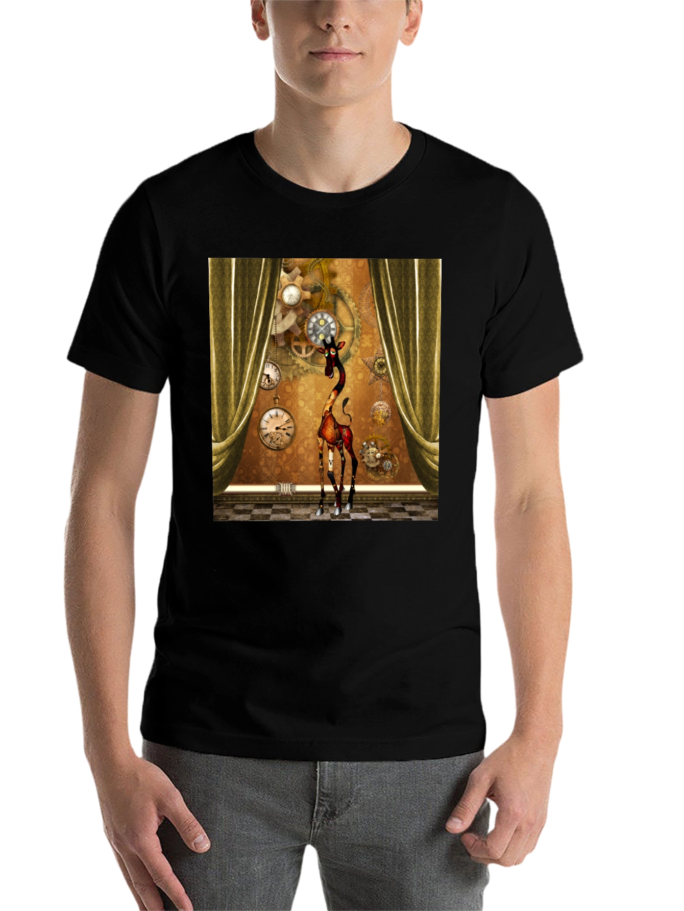 Black Steampunk Giraffe T-Shirt: Time Traveler's Style view 7