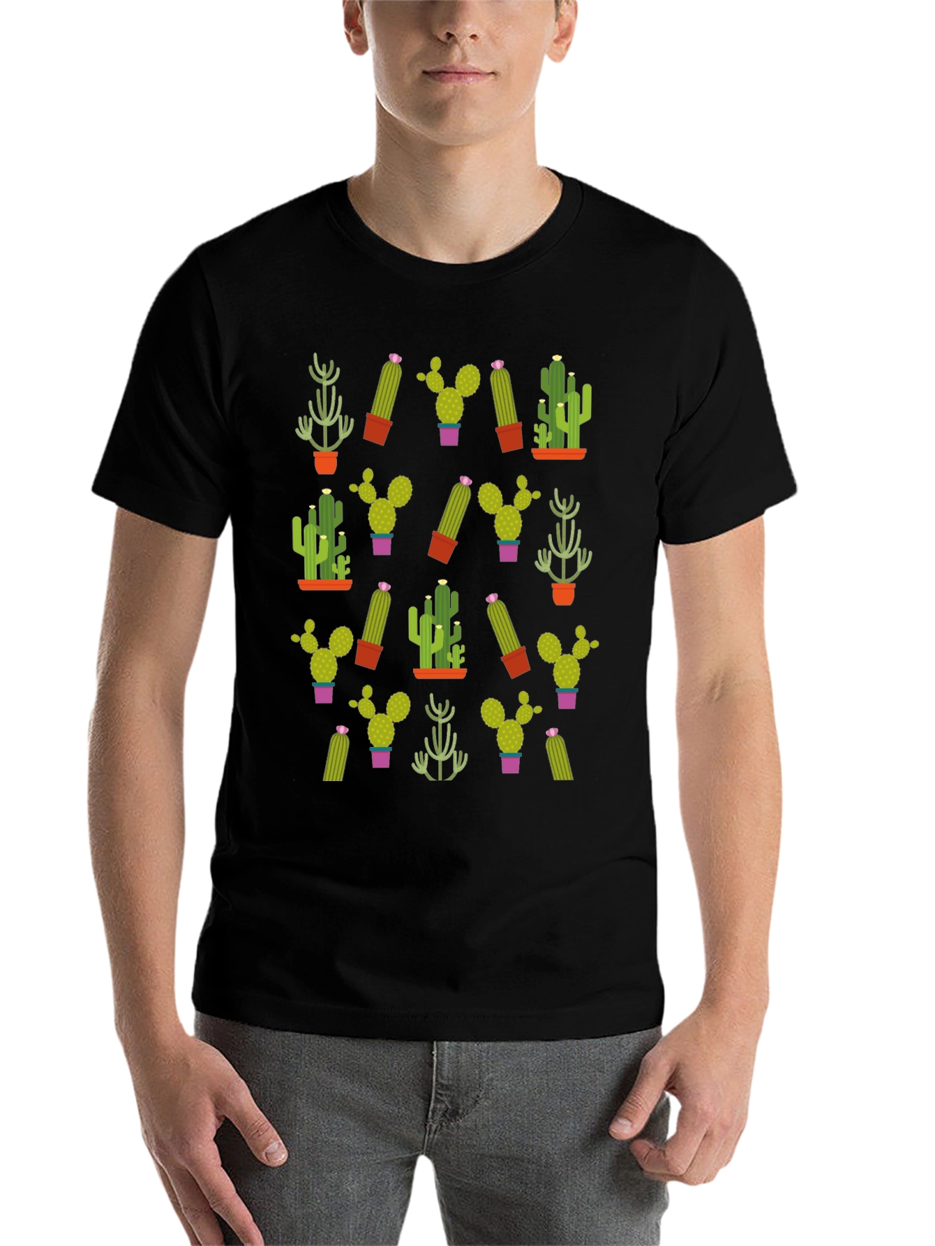 Black Cactus Pattern T-Shirt - Unique Plant Design view 7