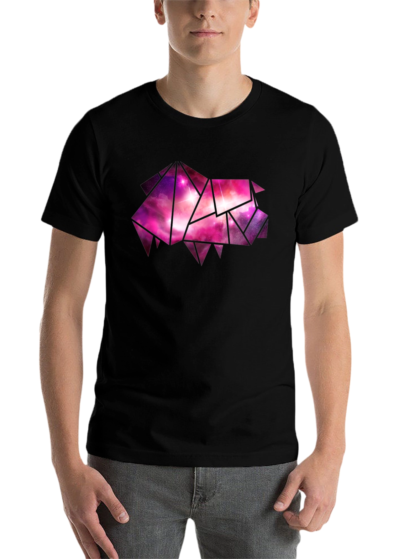 Black Geometric Galaxy Pig Tee - Stylish Black Cotton T-Shirt view 7