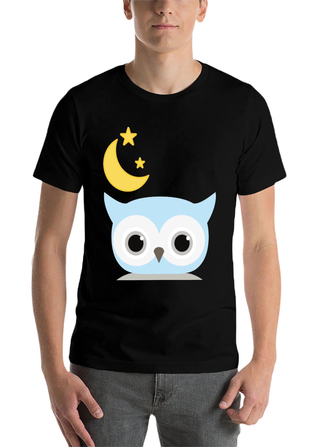 Black Cute Owl Moon Stars Graphic Black T-Shirt view 7
