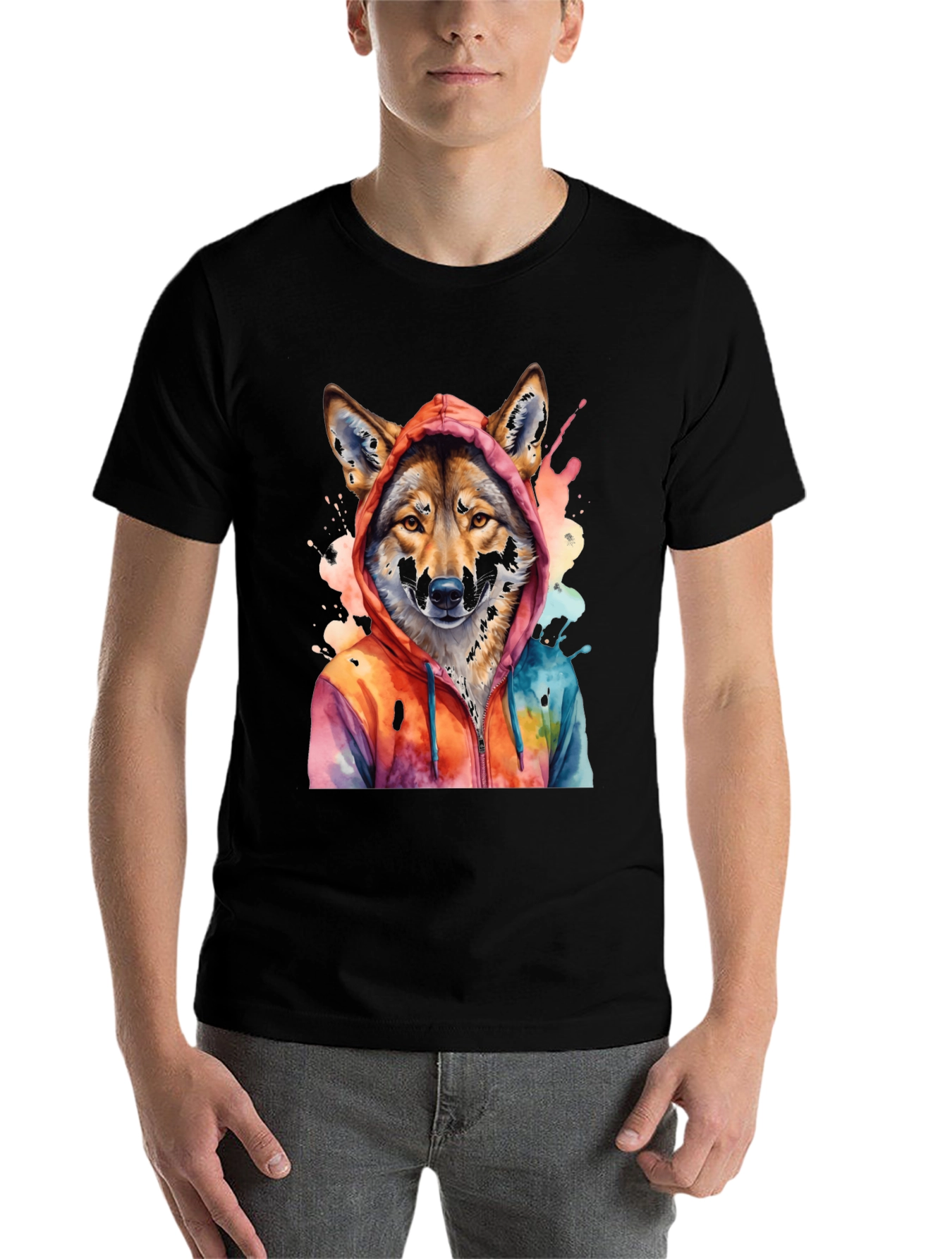Black Watercolor Wolf Hoodie Graphic Tee view 7