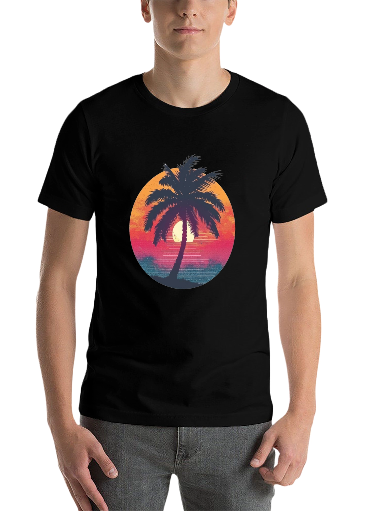 Black Retro Palm Tree Graphic Tee - Black Cotton T-Shirt view 7