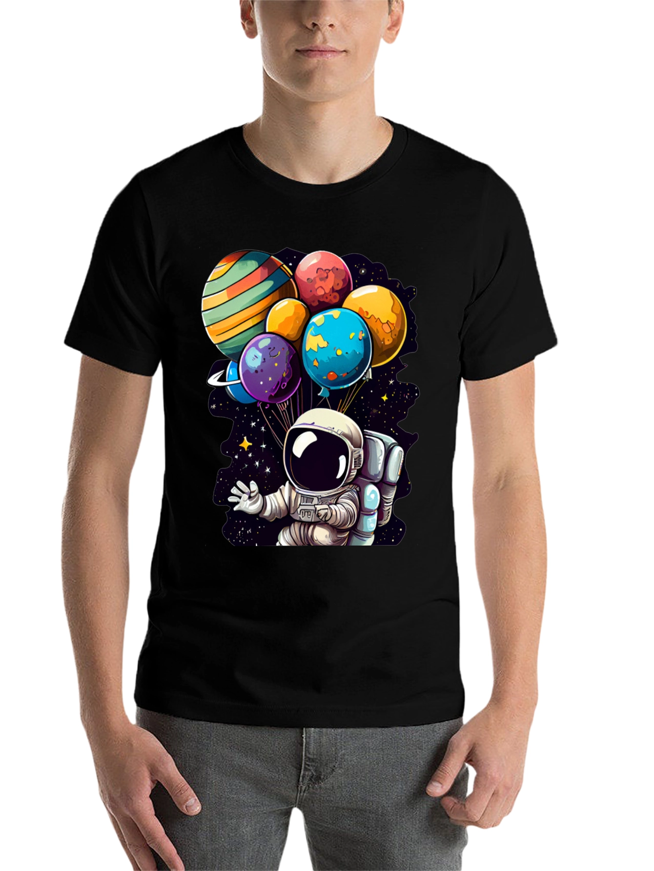 Black Astronaut Planet Balloons Graphic Tee view 7