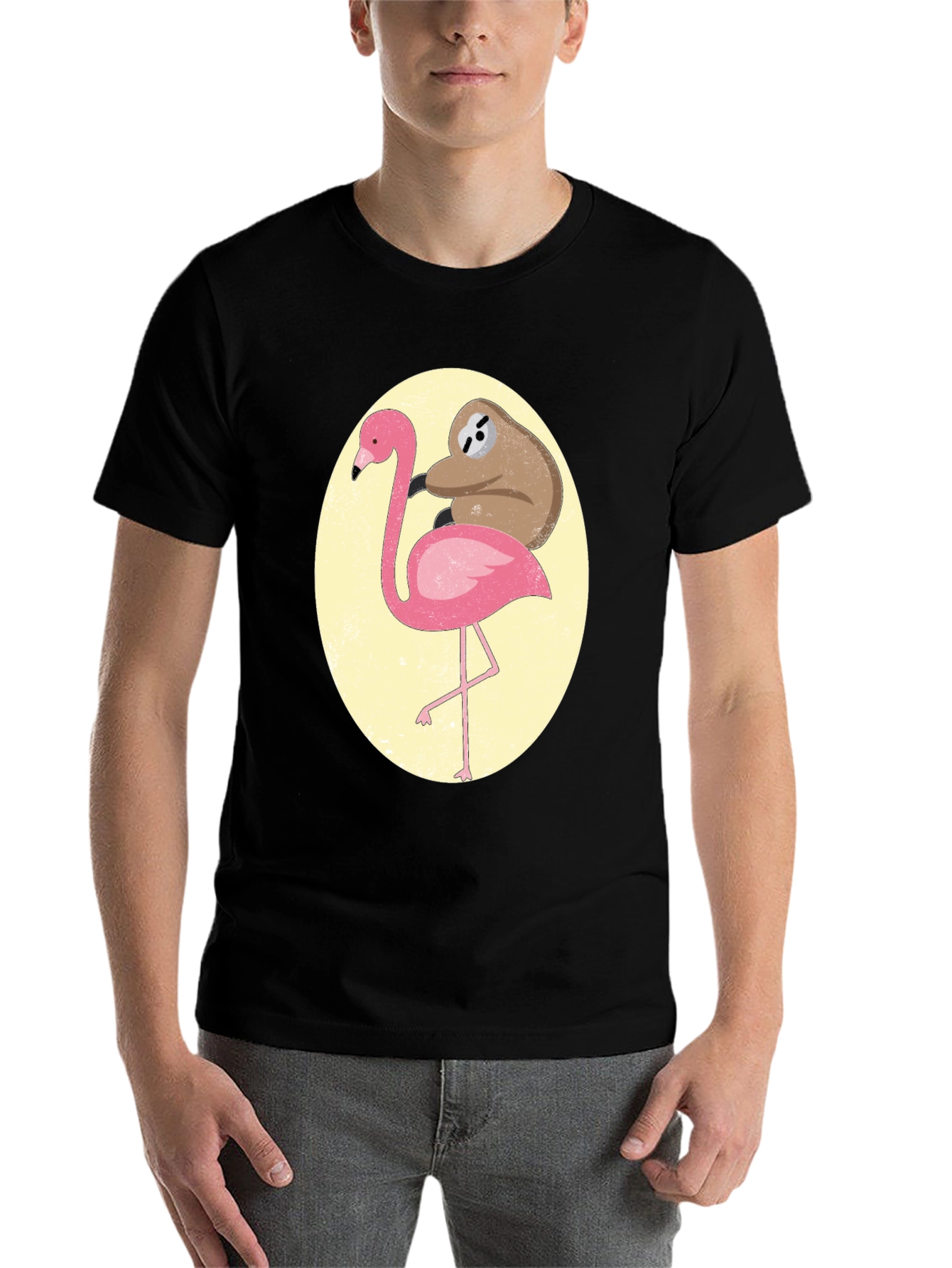 Black Sloth Riding Flamingo Graphic Tee - Black Cotton T-Shirt view 7