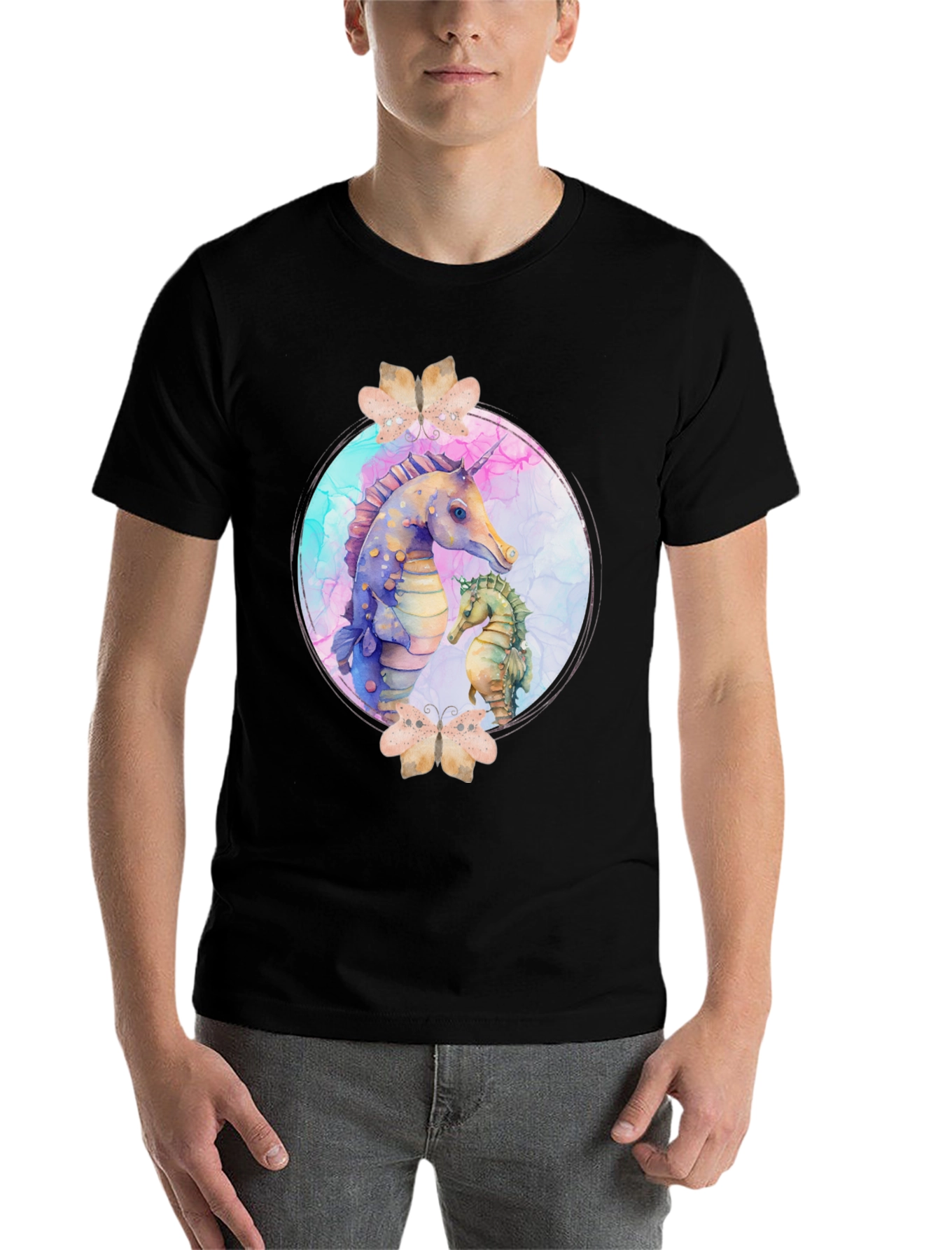 Black Watercolor Seahorse T-Shirt - Black view 7