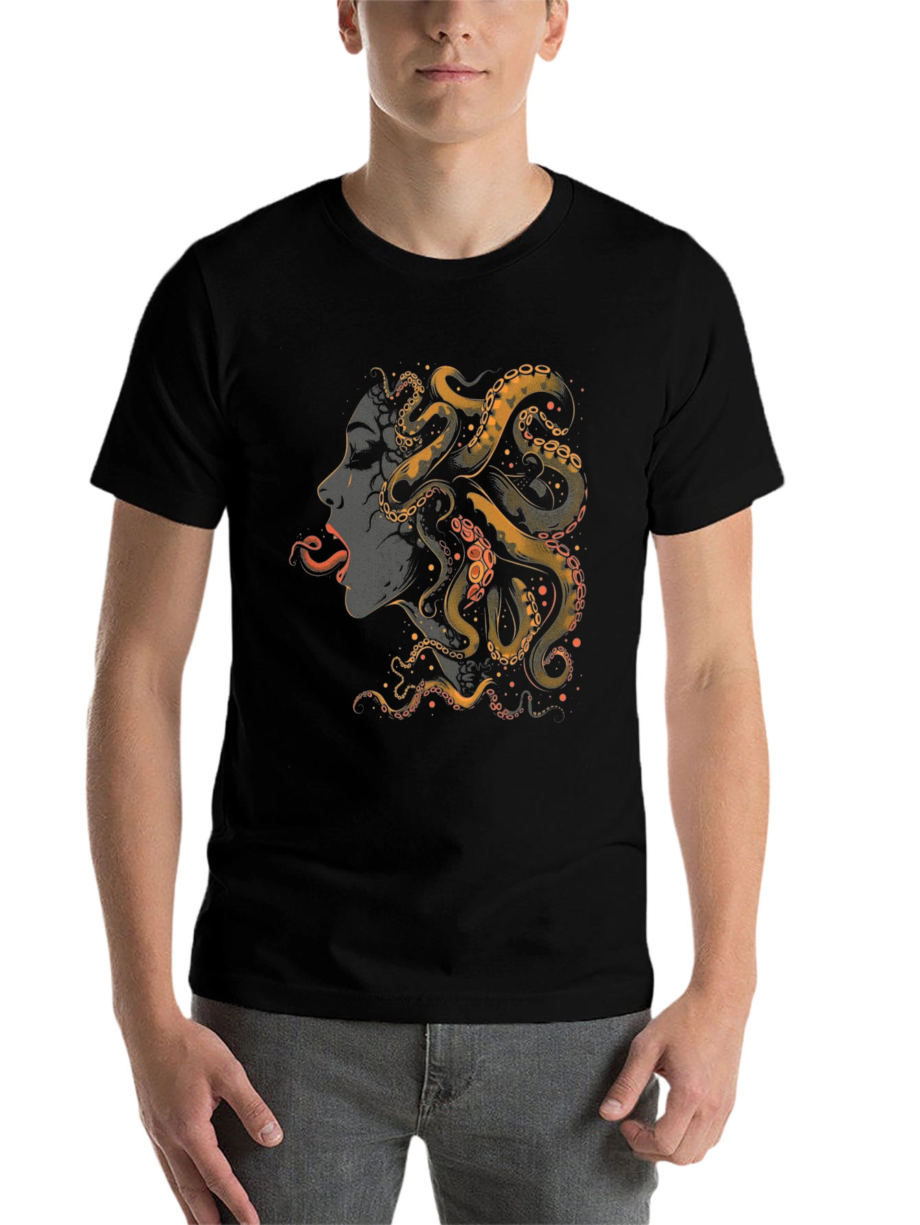 Black Octopus Woman Graphic Tee - Black Cotton T-Shirt view 7