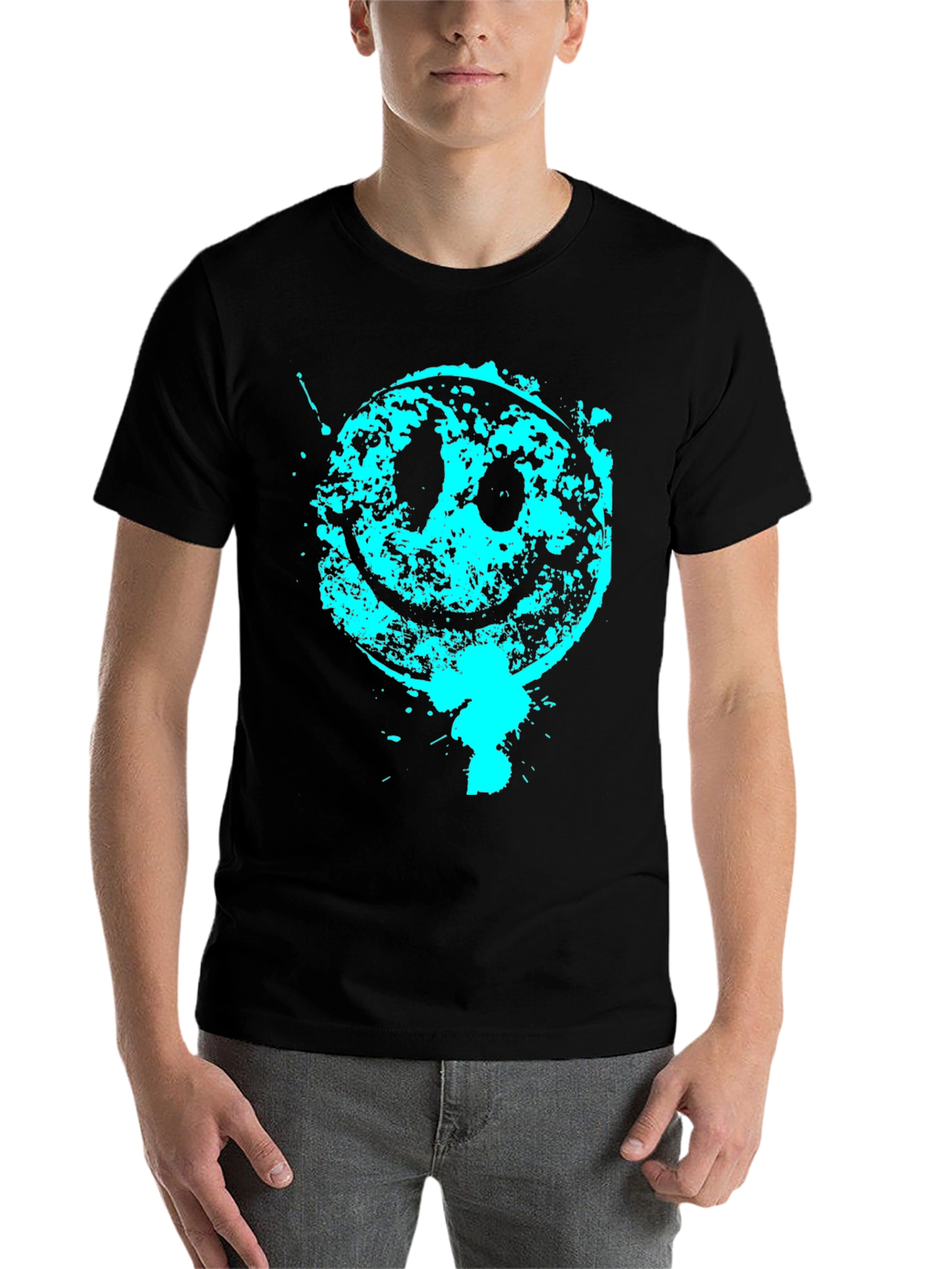 Black Grunge Smiley Face Graphic Tee - Black Cotton Blend view 7