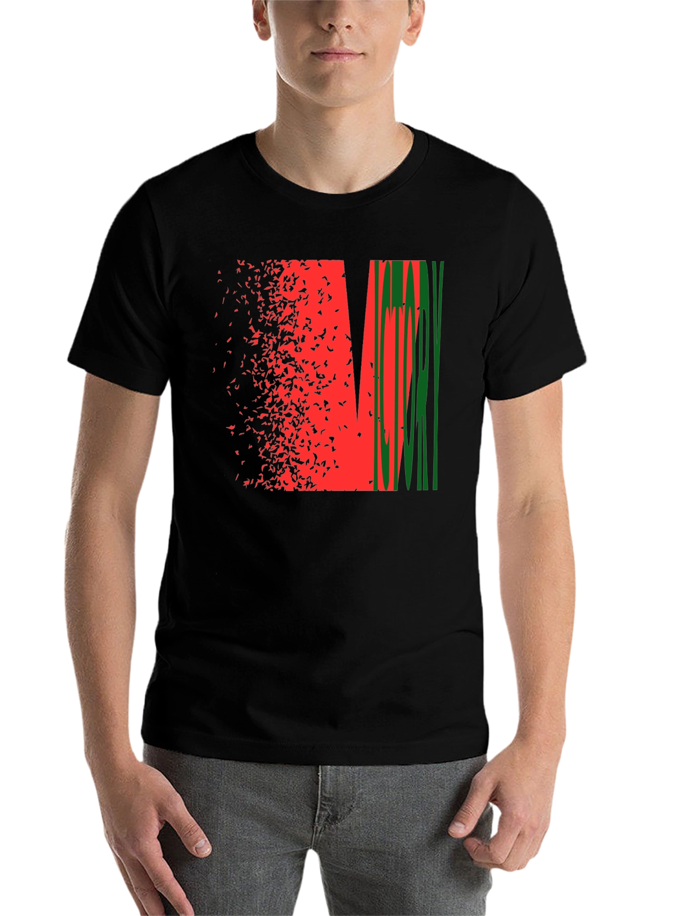 Black Abstract Graphic Tee - Red & Green Design, Black Shirt view 7