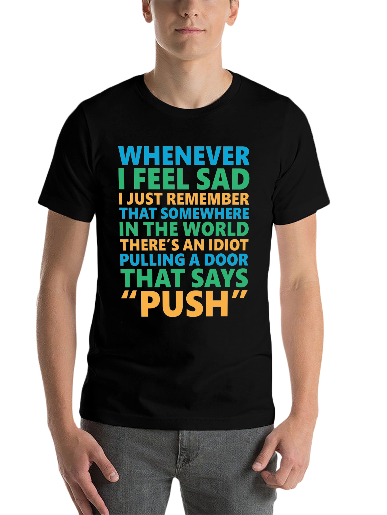 Black Funny "Push" Door T-Shirt view 7