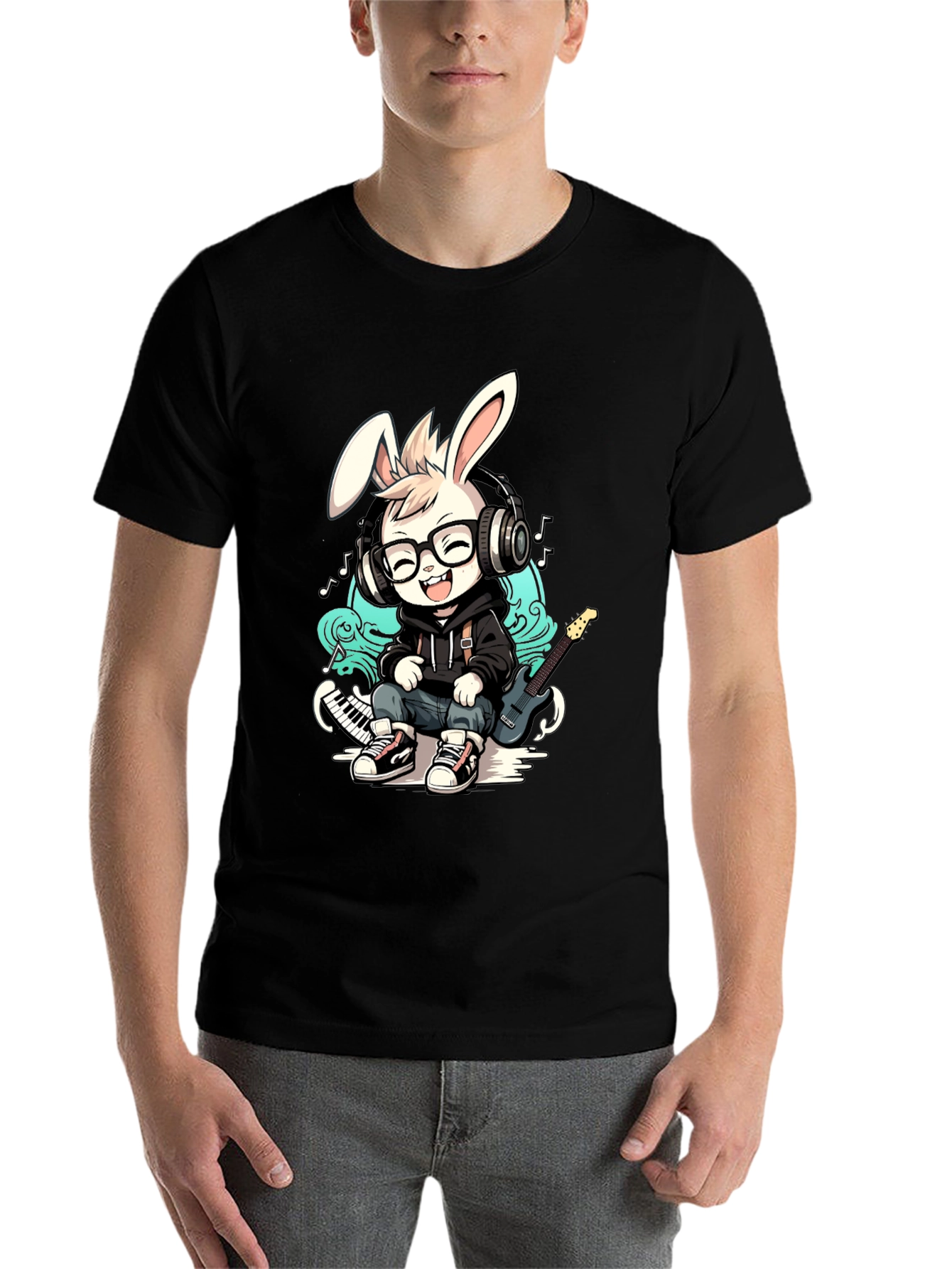 Black Cool Bunny Musician T-Shirt view 7