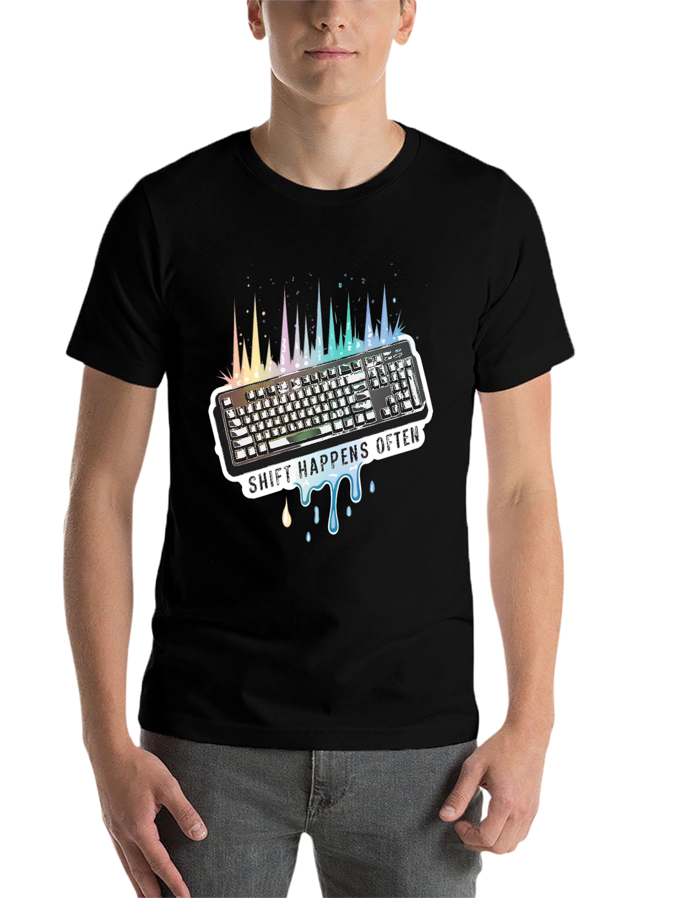 Black Shift Happens Often Keyboard T-Shirt view 7