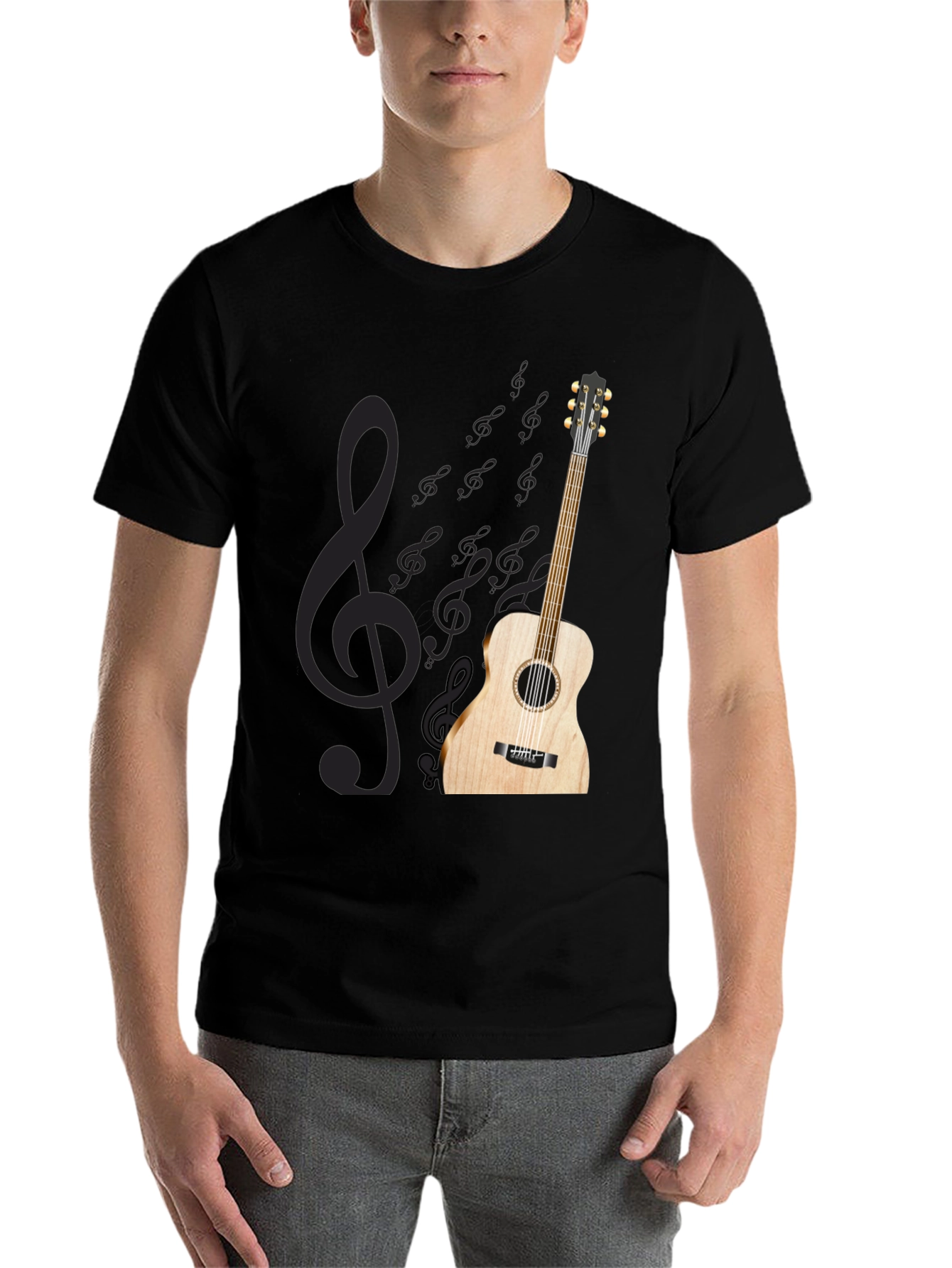 Black Acoustic Guitar Treble Clef Black T-Shirt view 7