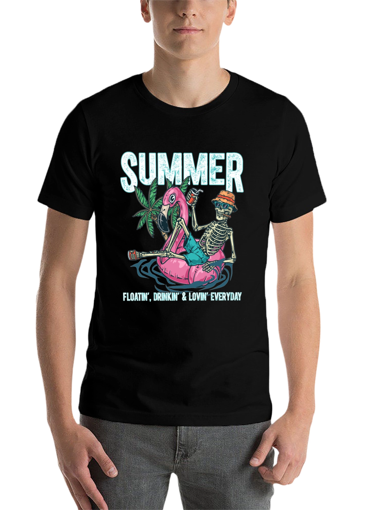Black Summer Skeleton Flamingo Float T-Shirt view 7