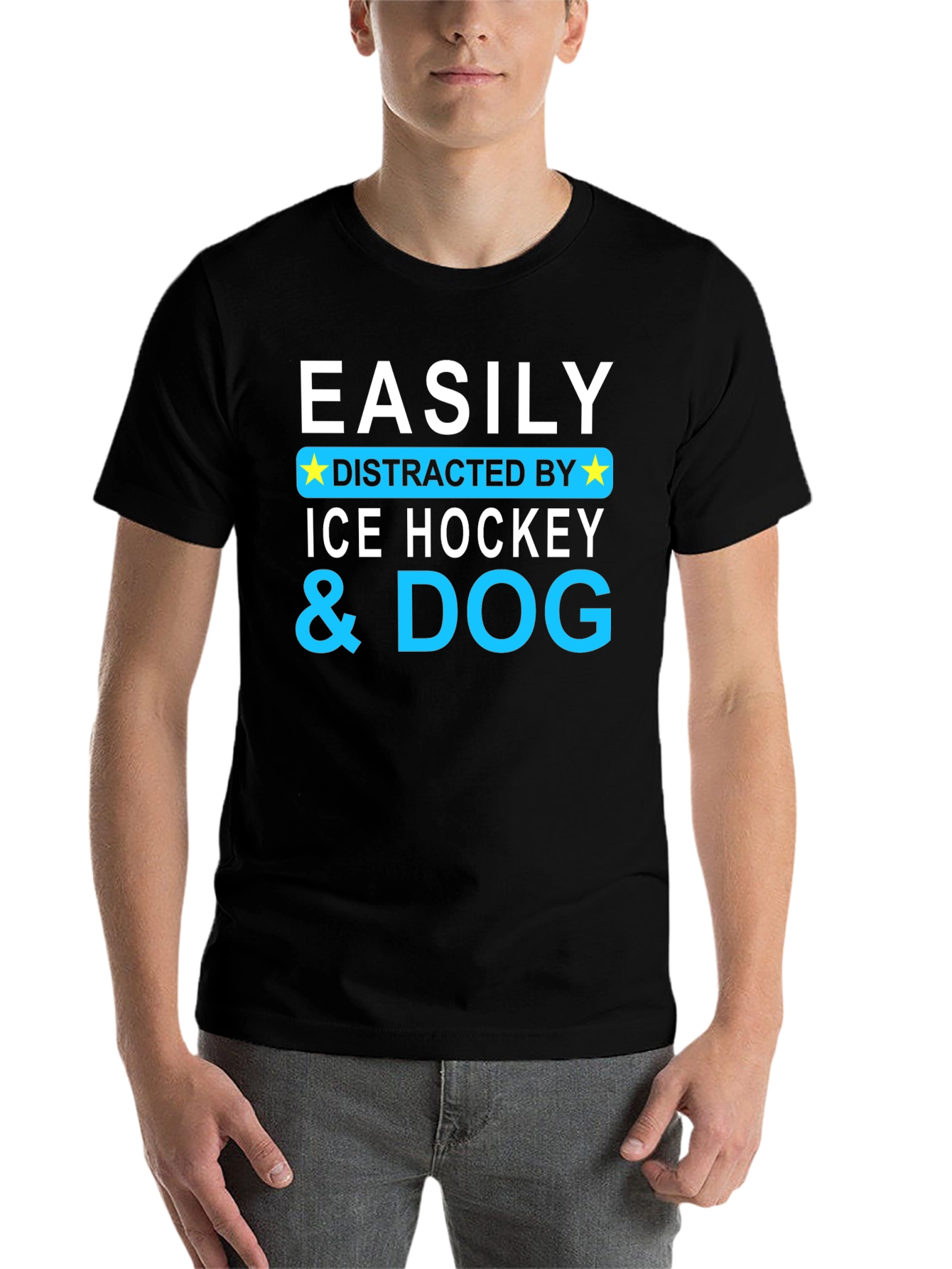 Black Easily Distracted By Ice Hockey & Dog T-Shirt view 7