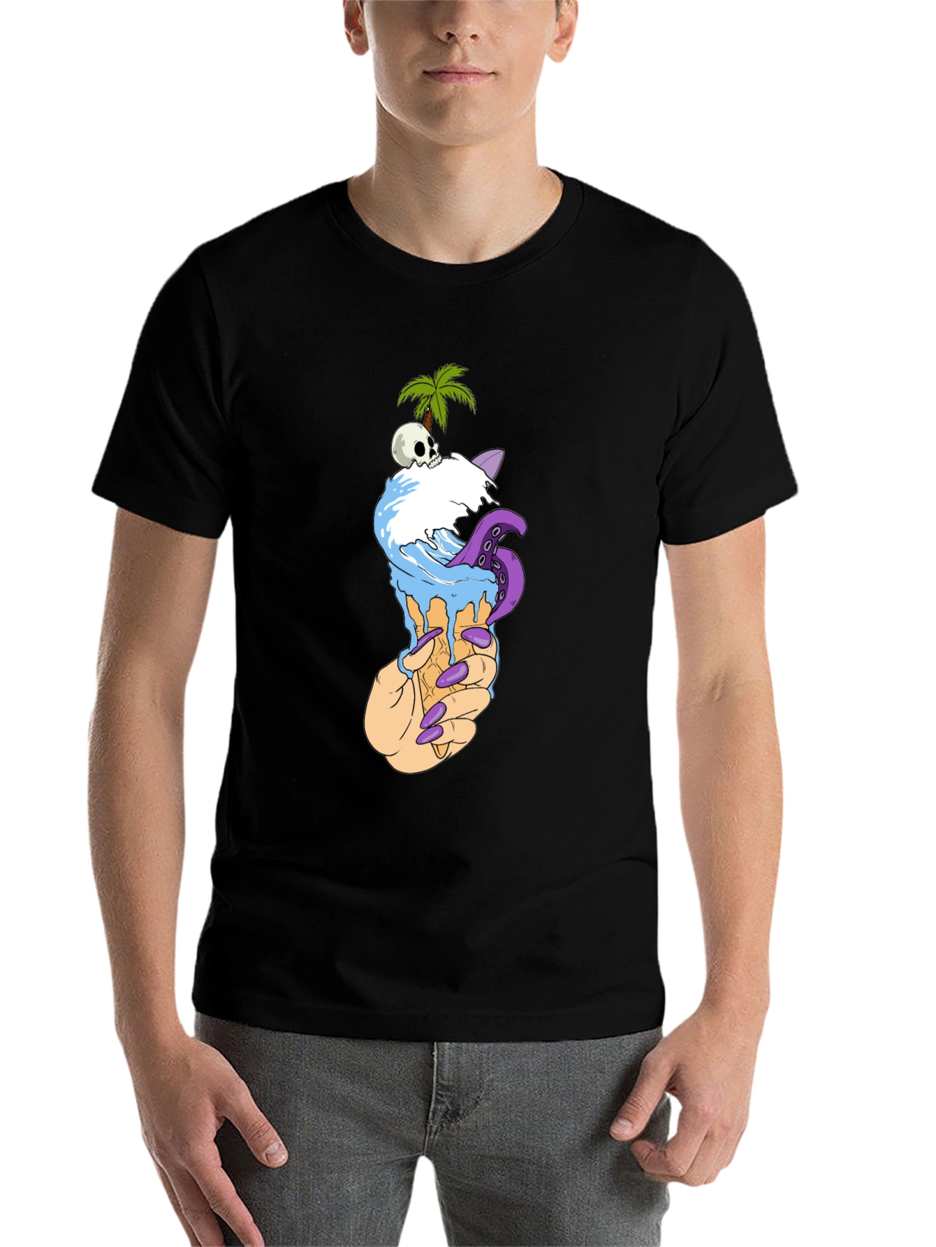 Black Ice Cream Cone Skull Palm Tree Graphic Tee view 7