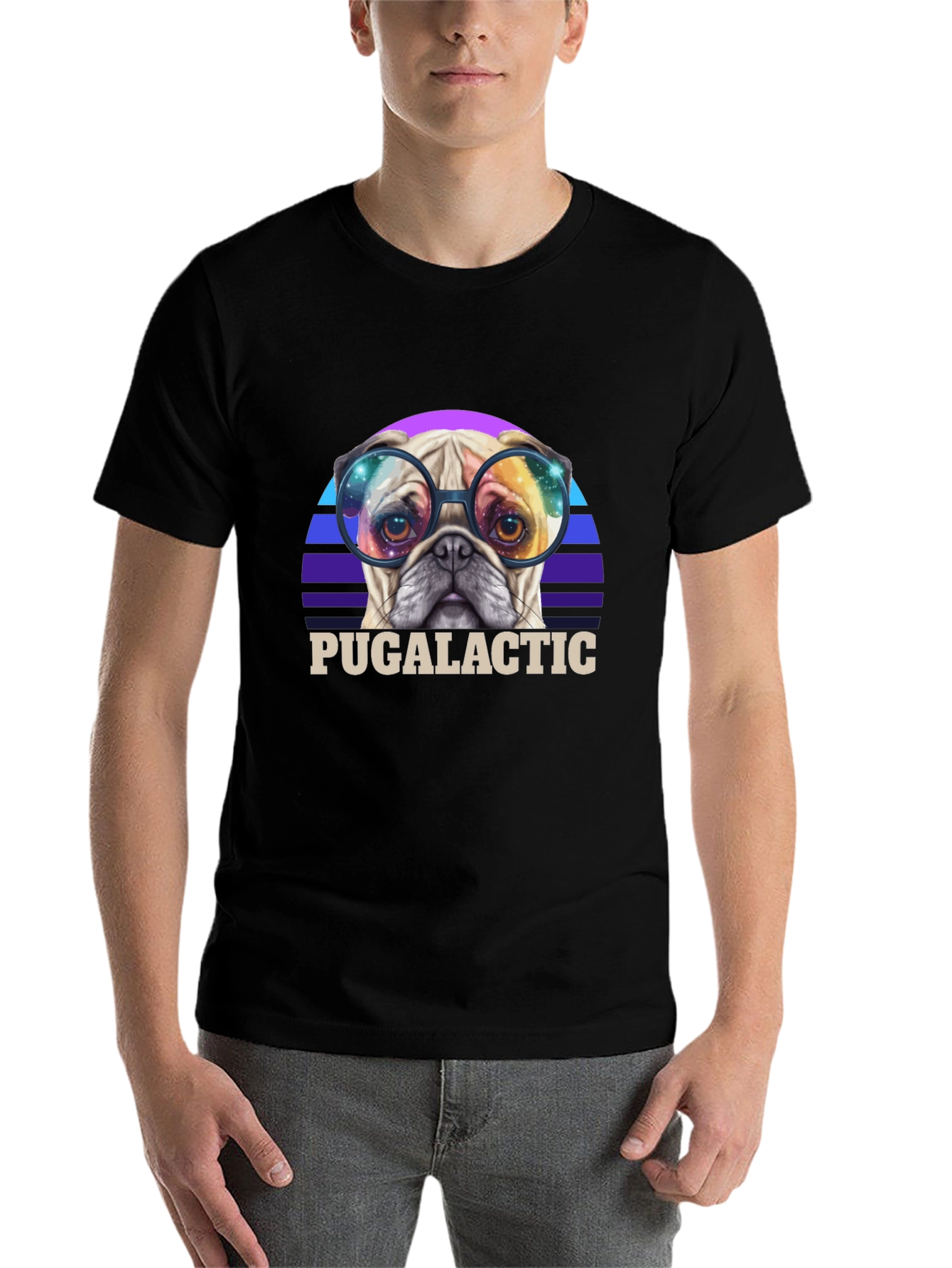 Black Puggalactic T-Shirt: Galactic Pug in Glasses view 7
