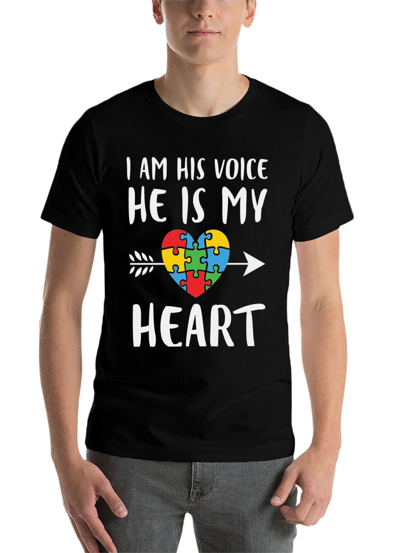 Black Autism Awareness Heart T-Shirt - I Am His Voice view 7