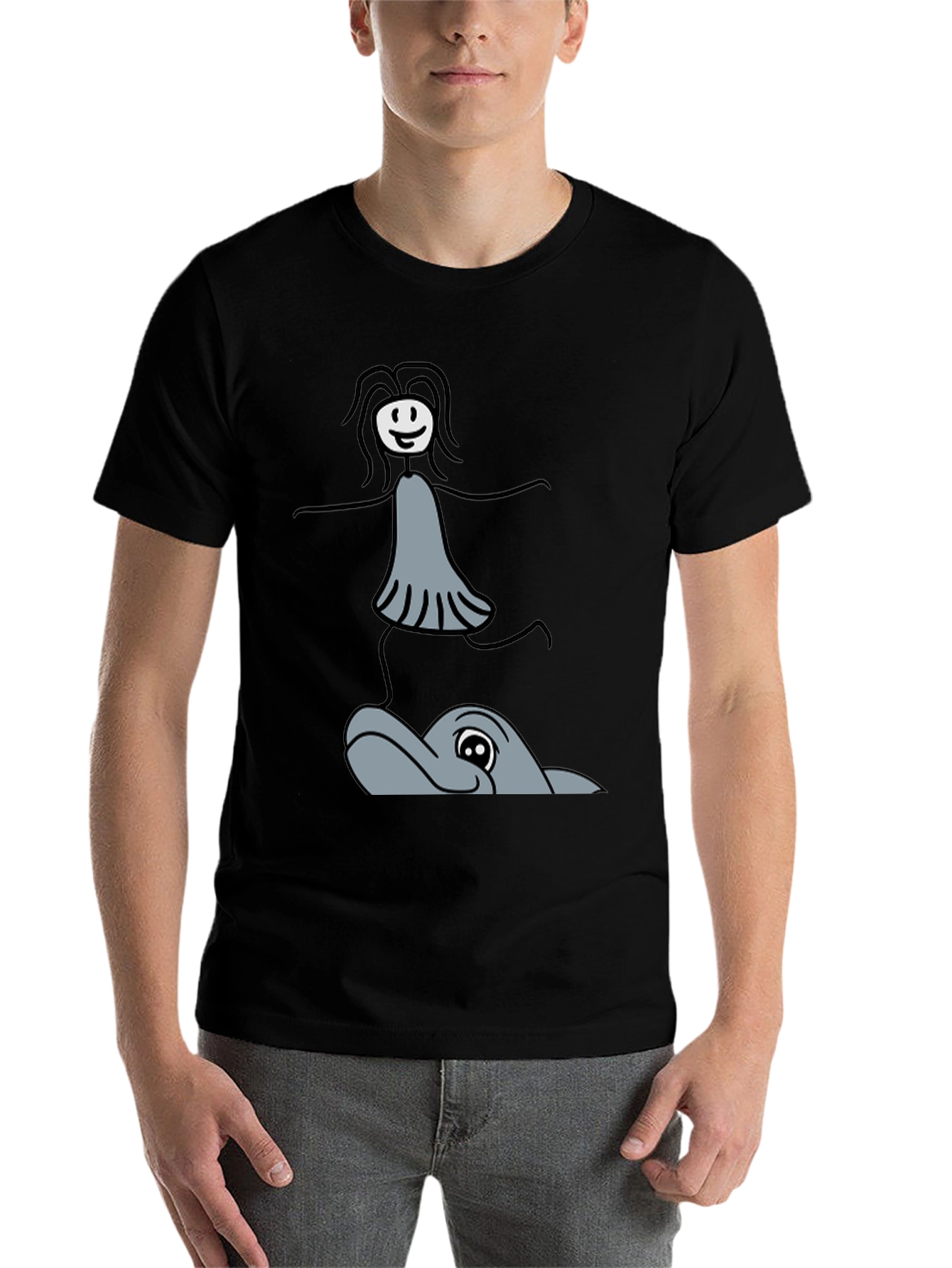 Black Whimsical Dolphin Ride T-Shirt - Unique Graphic Tee view 7