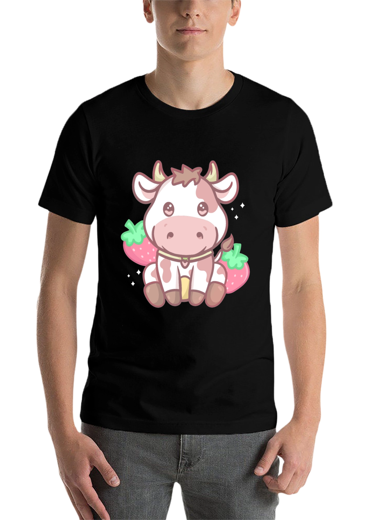 Black Kawaii Cow & Strawberry Graphic Tee - Black view 7