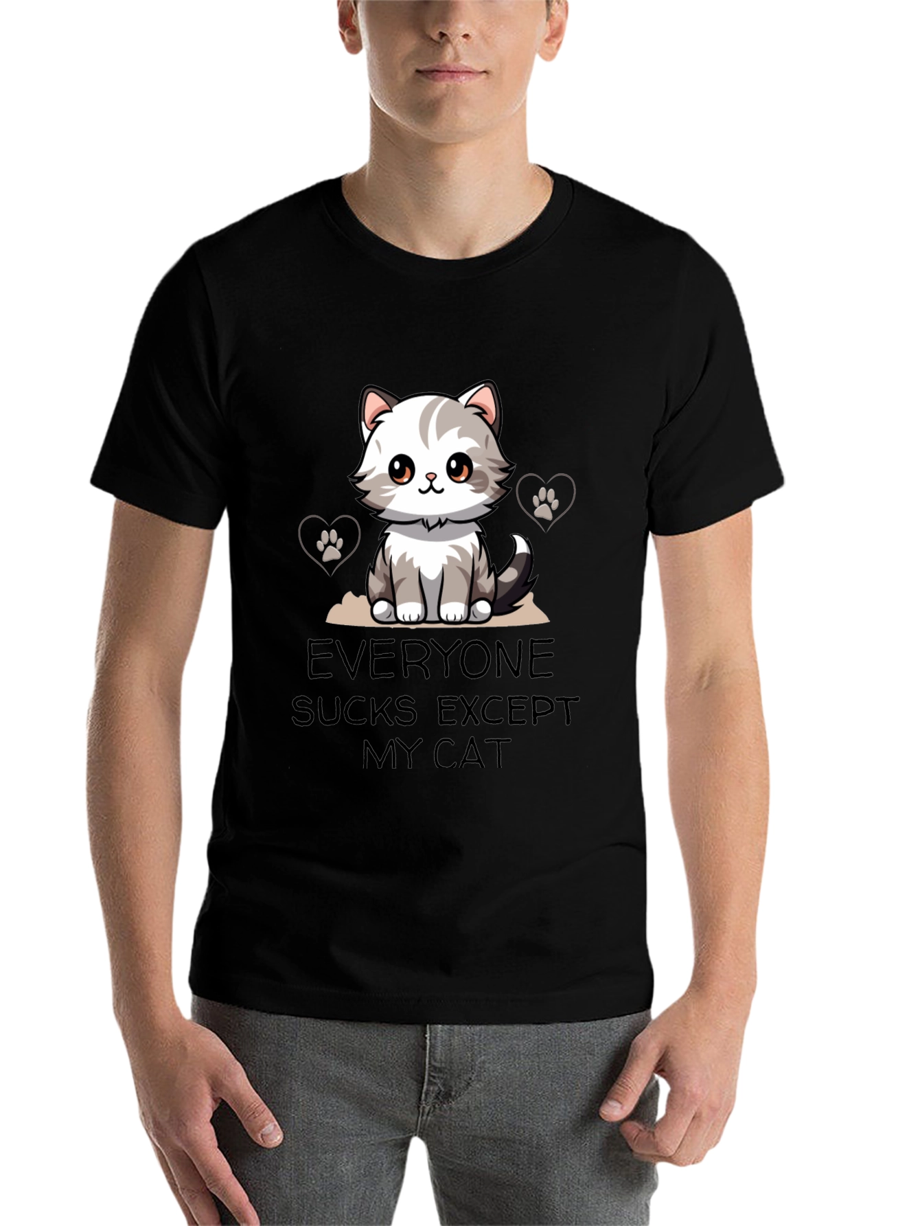 Black Everyone Sucks Except My Cat T-Shirt view 7