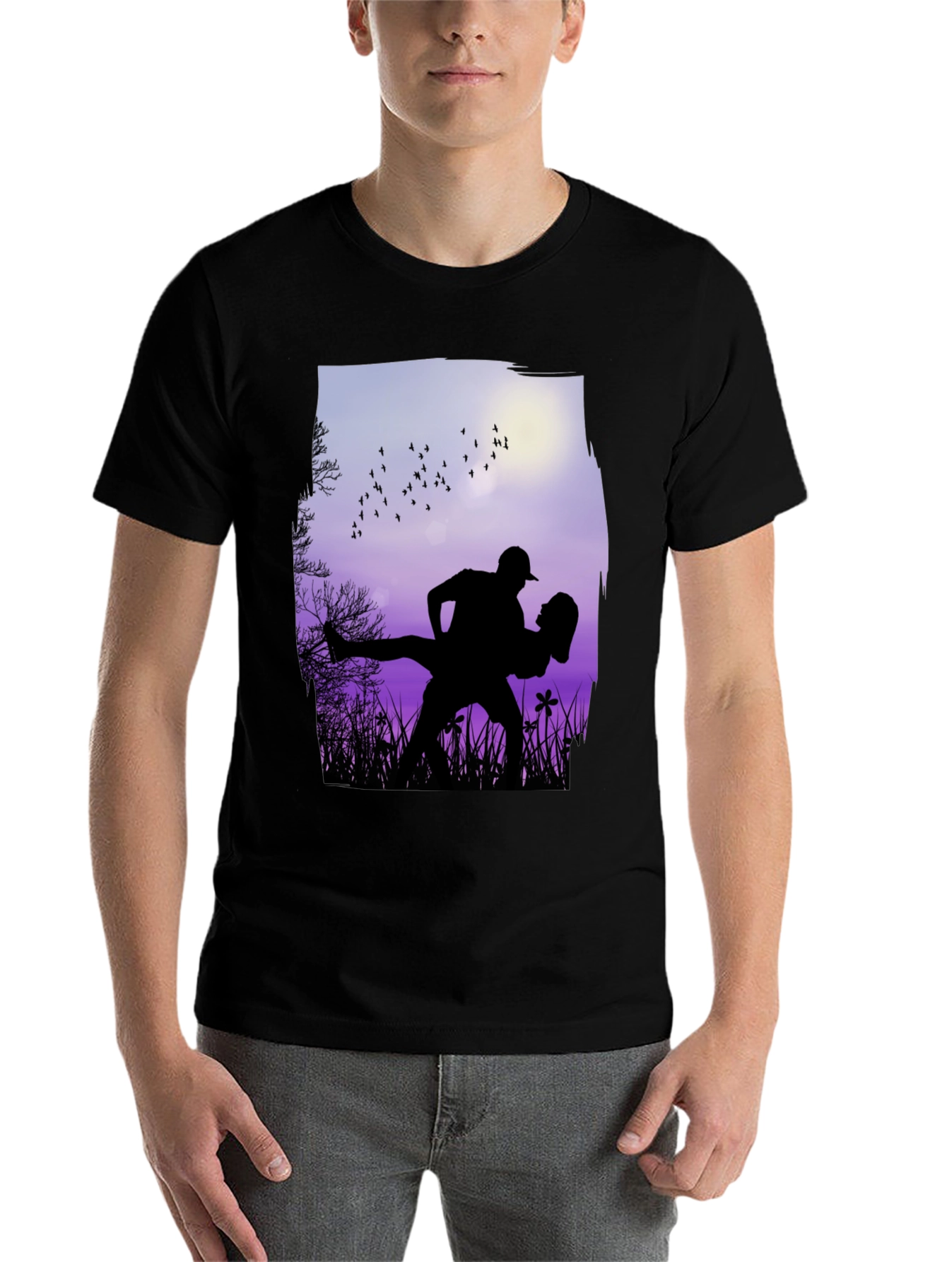 Black Silhouette Couple Dance Graphic T-Shirt - Romantic Design view 7