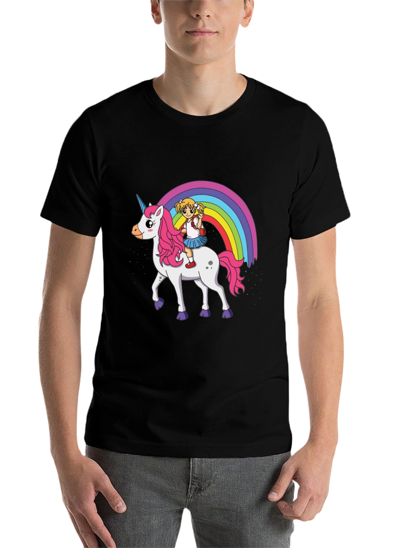 Black Unicorn Rainbow Ride Graphic T-Shirt view 7