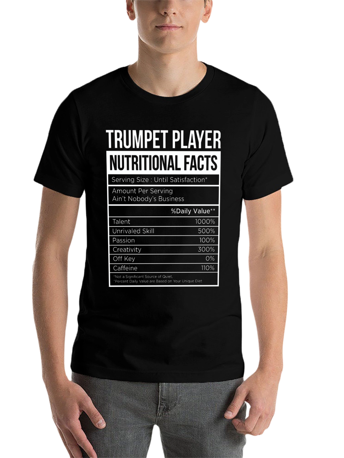 Black Trumpet Player Nutritional Facts T-Shirt view 7