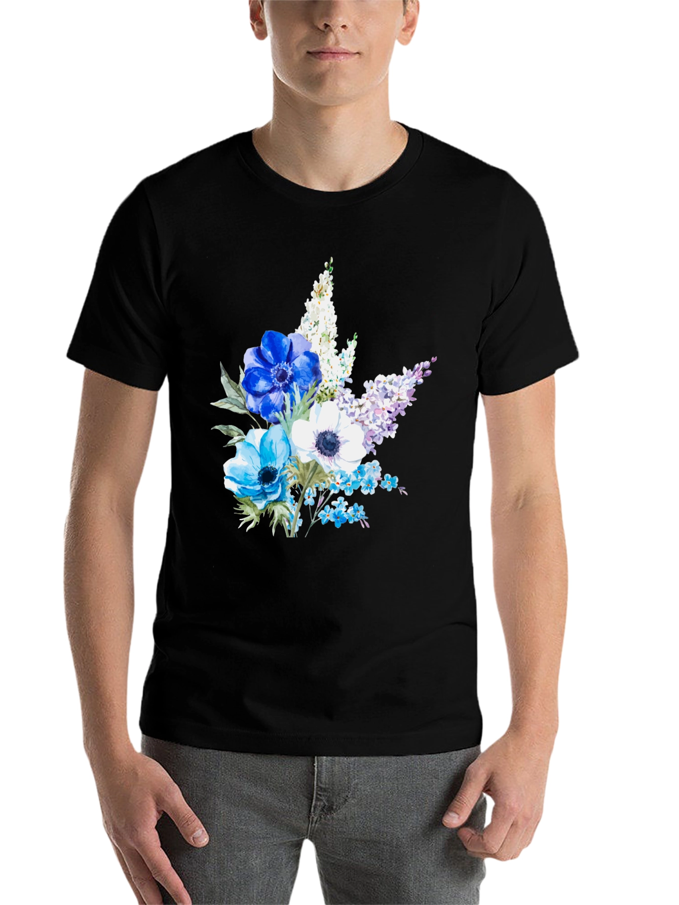 Black Floral Anemone Print Black T-Shirt view 7