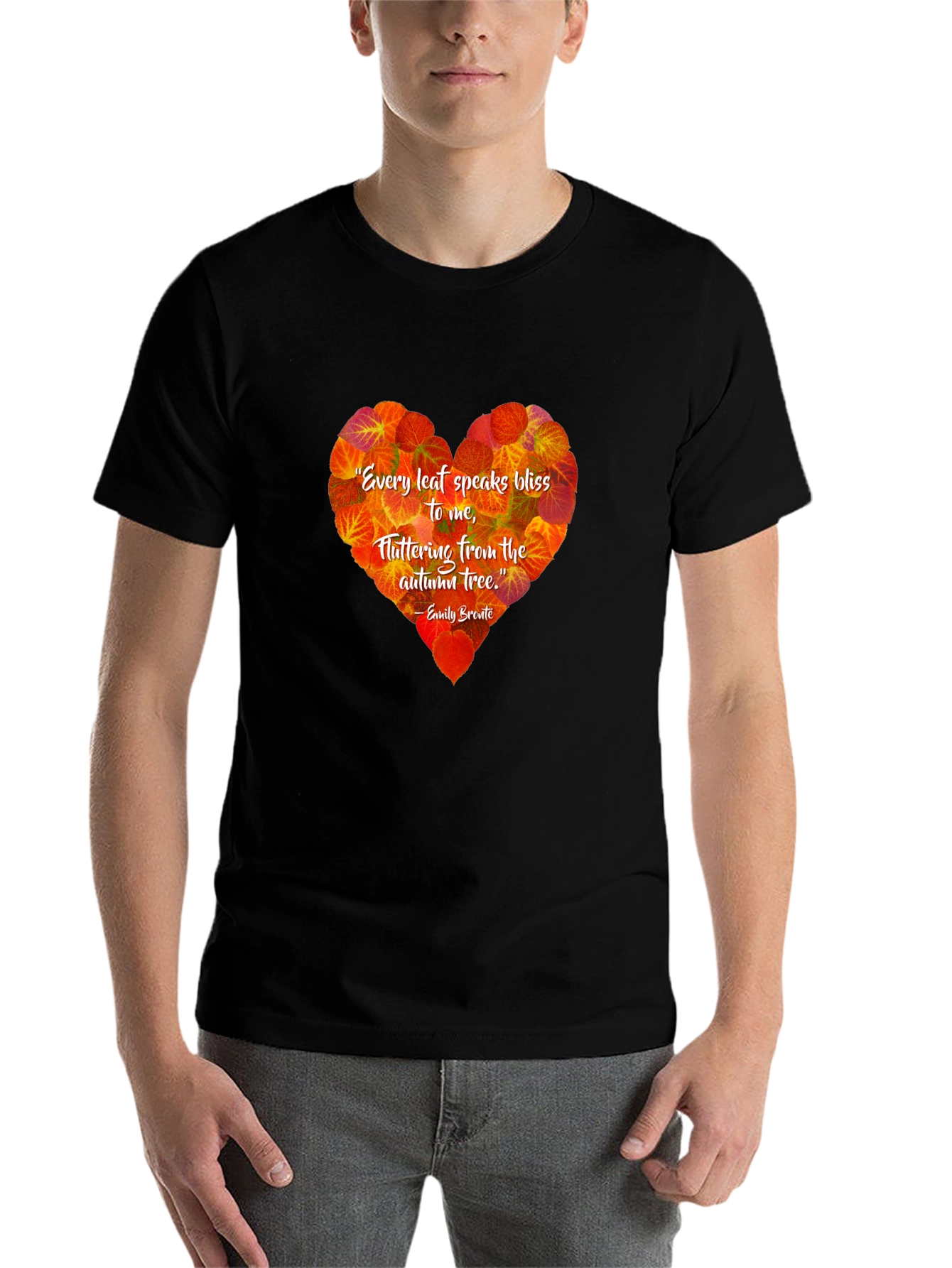 Black Autumn Leaf Heart T-Shirt - Emily Bronte Quote view 7