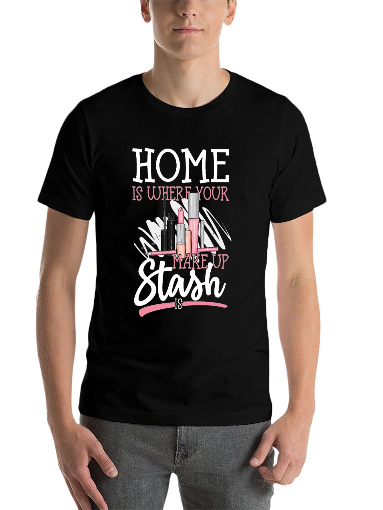Black Makeup Lover's T-Shirt - "Home is Where Your Makeup Stash Is" view 7