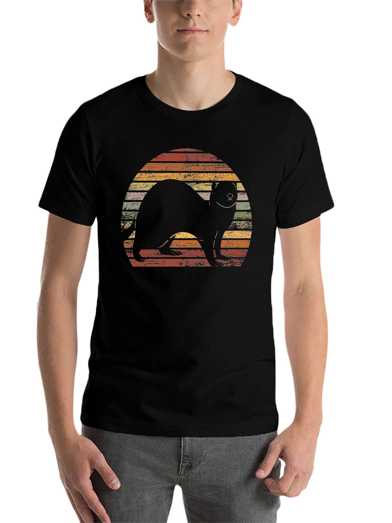Black Retro Ferret Sunset Graphic T-Shirt view 7