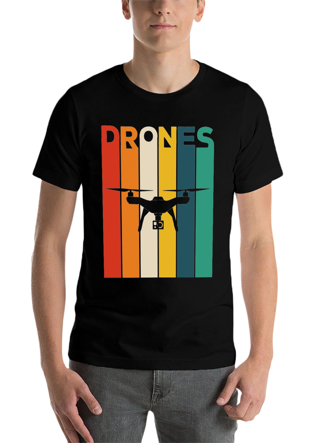 Black Retro Drone T-Shirt - Vintage Stripes Tee view 7